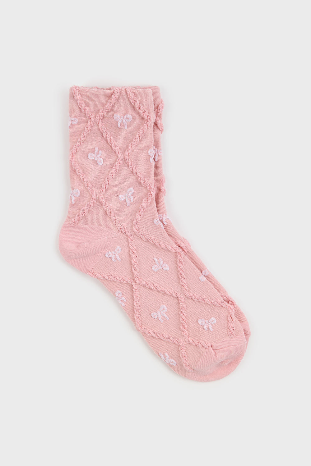 Pink and ivory tiny bow diamond texture socks_1