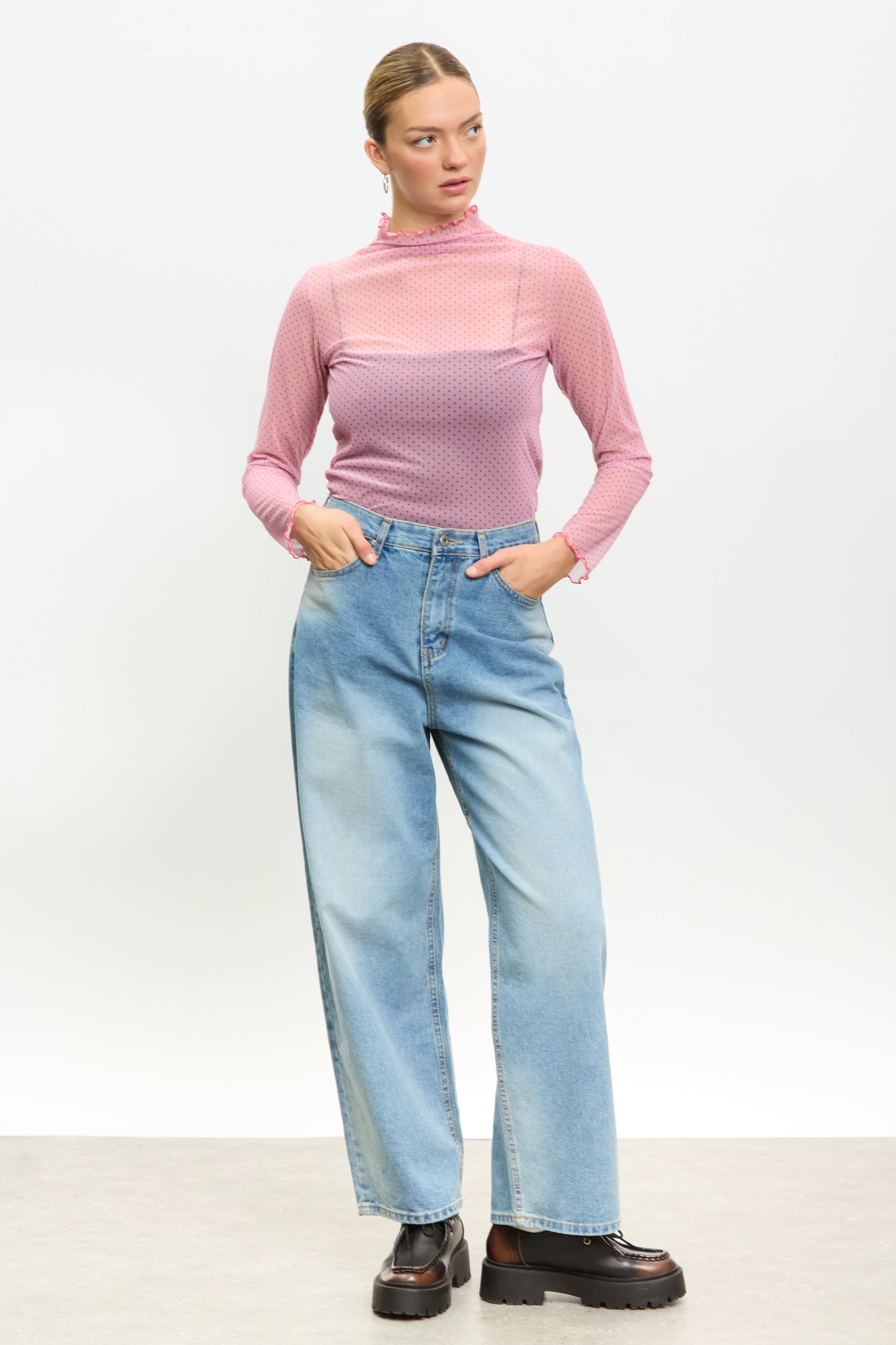 Pink and red polka dot sheer ruffle trim top_4