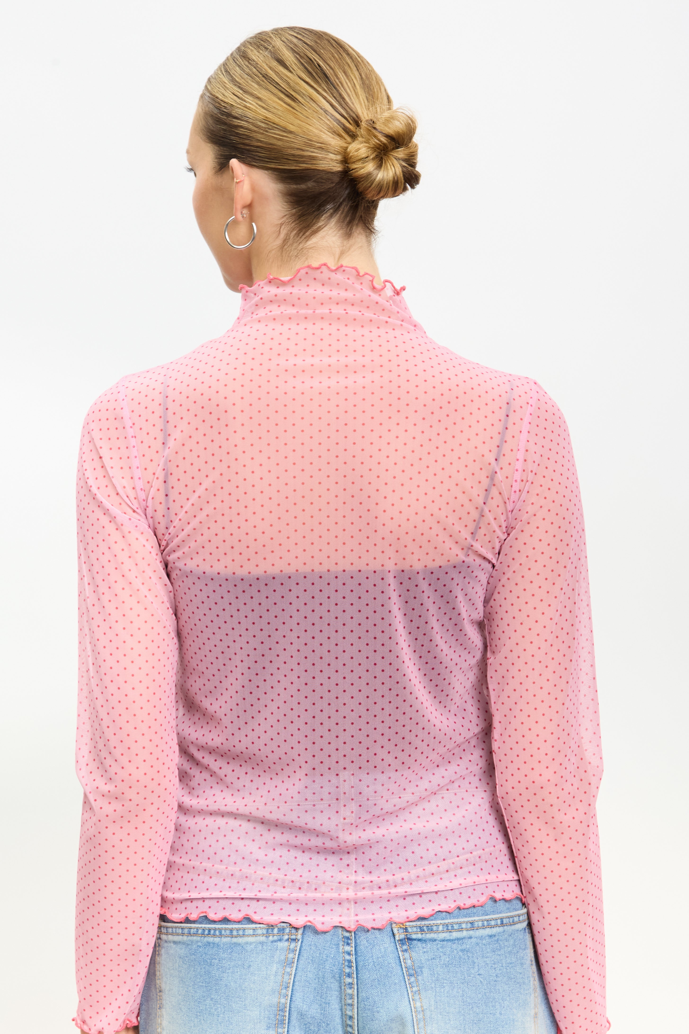 Pink and red polka dot sheer ruffle trim top_2
