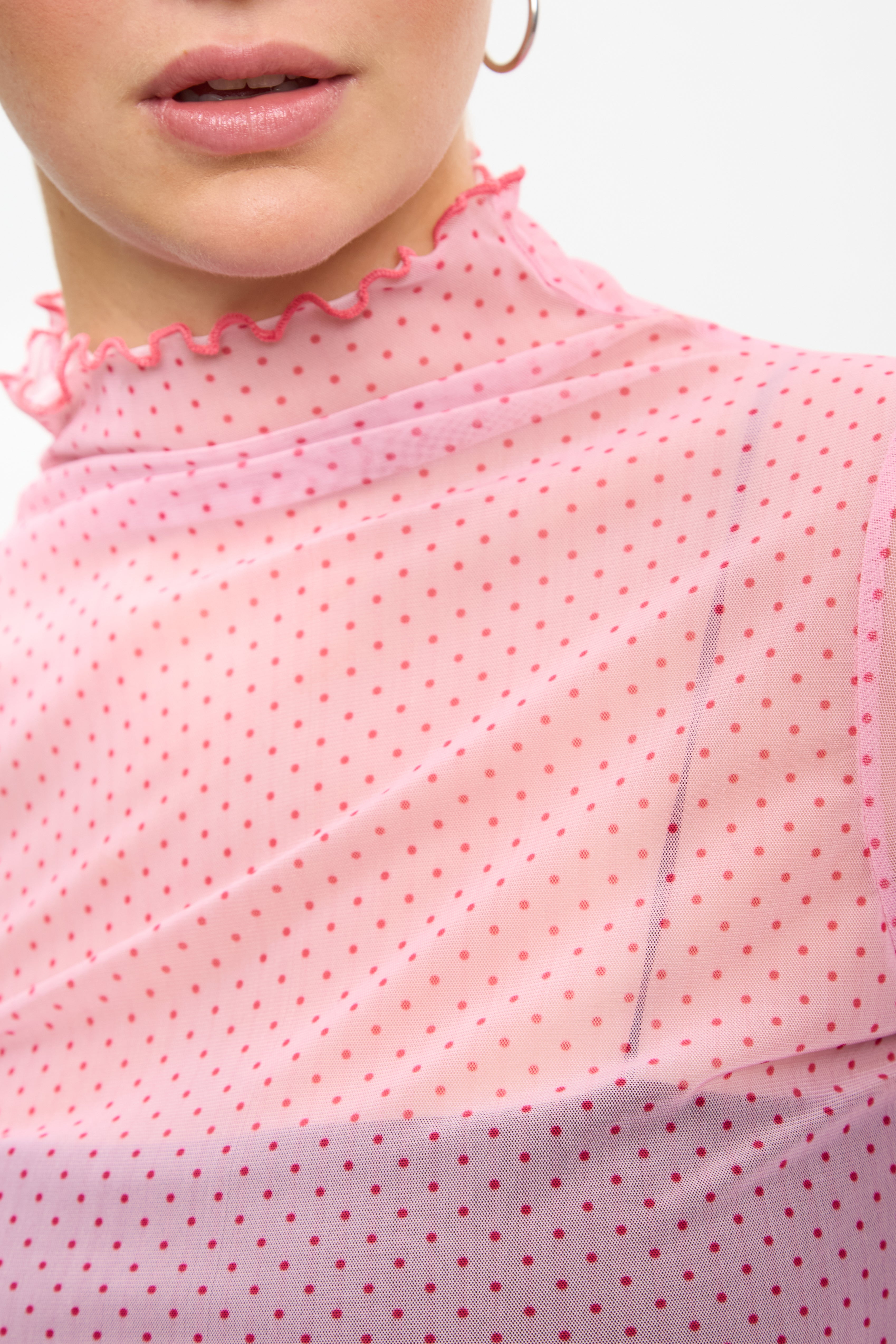 Pink and red polka dot sheer ruffle trim top_3