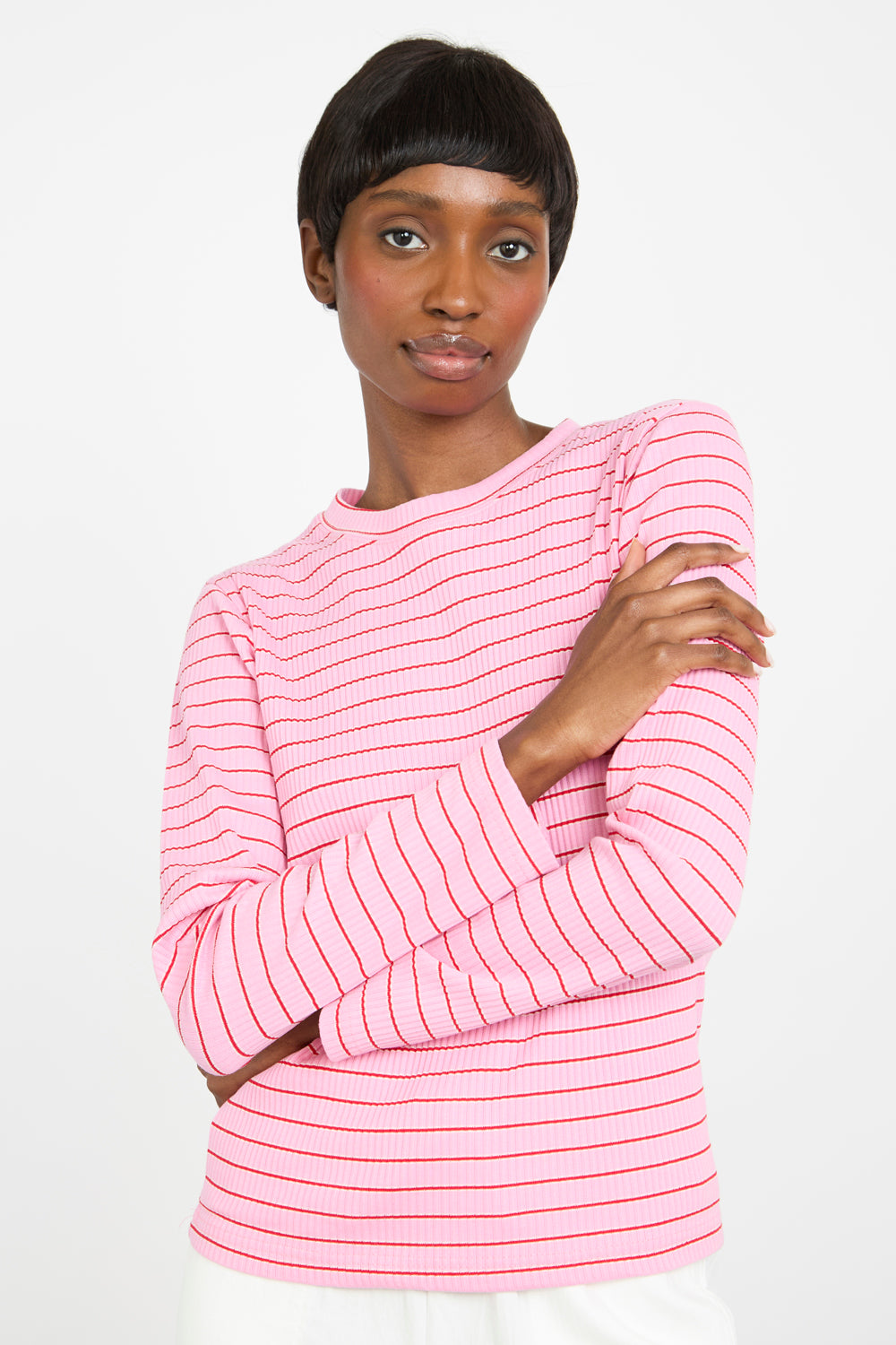 Pink and red tiny stripe long sleeve top_1