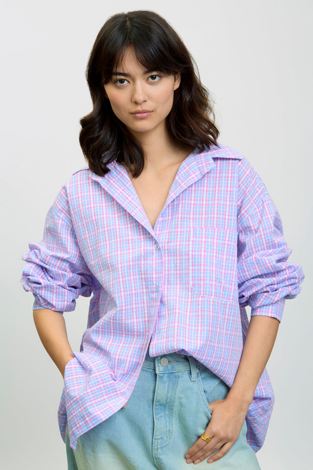 Pink blue and ivory plaid shirt_1