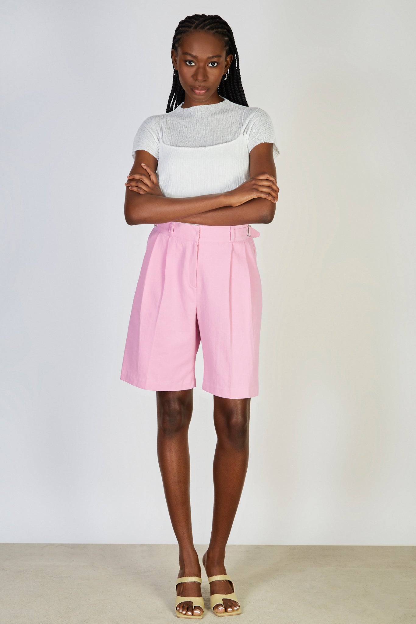 Pink cinch waist tailored shorts_4