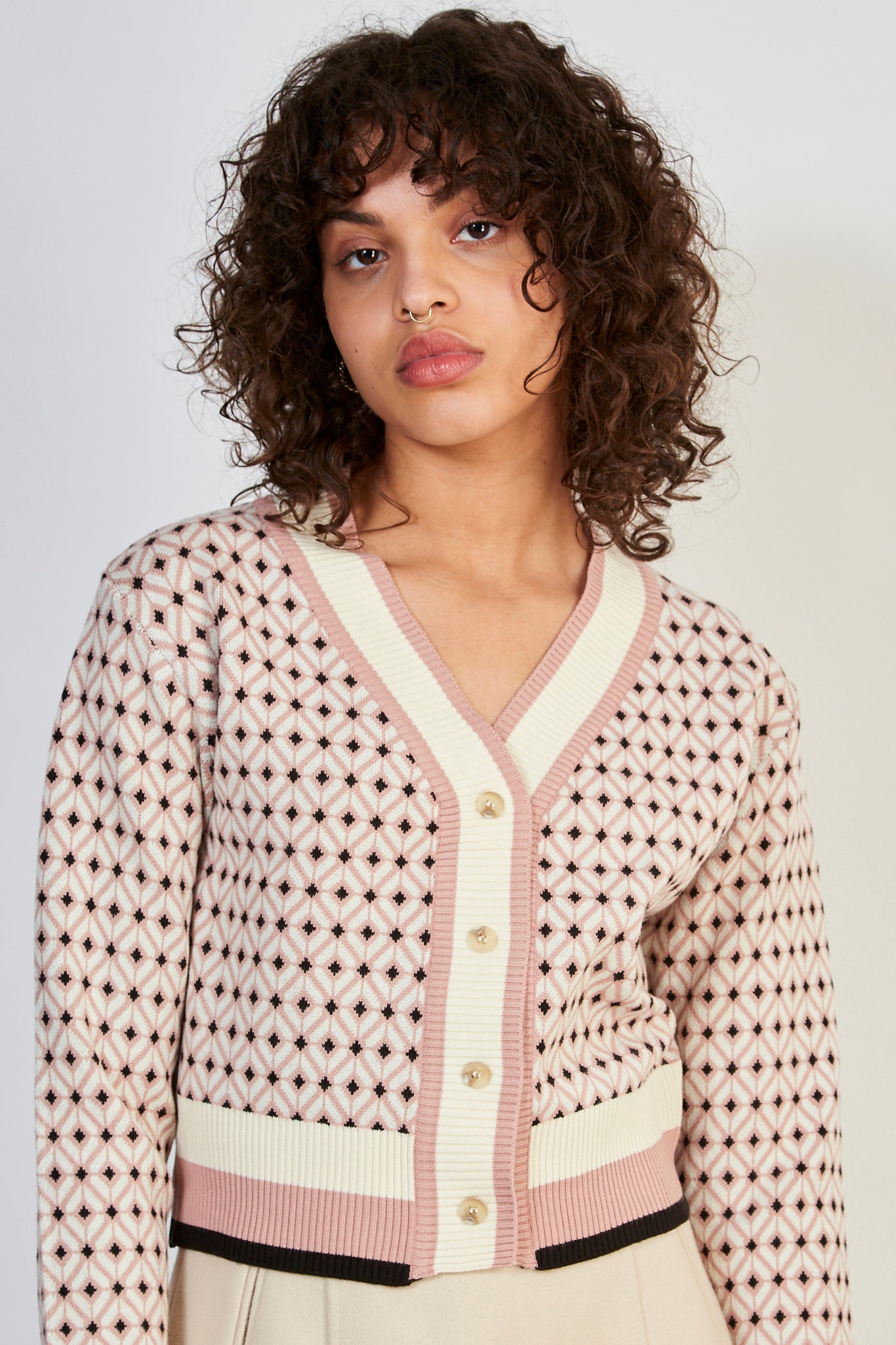 Pink graphic ivory trim cardigan_2