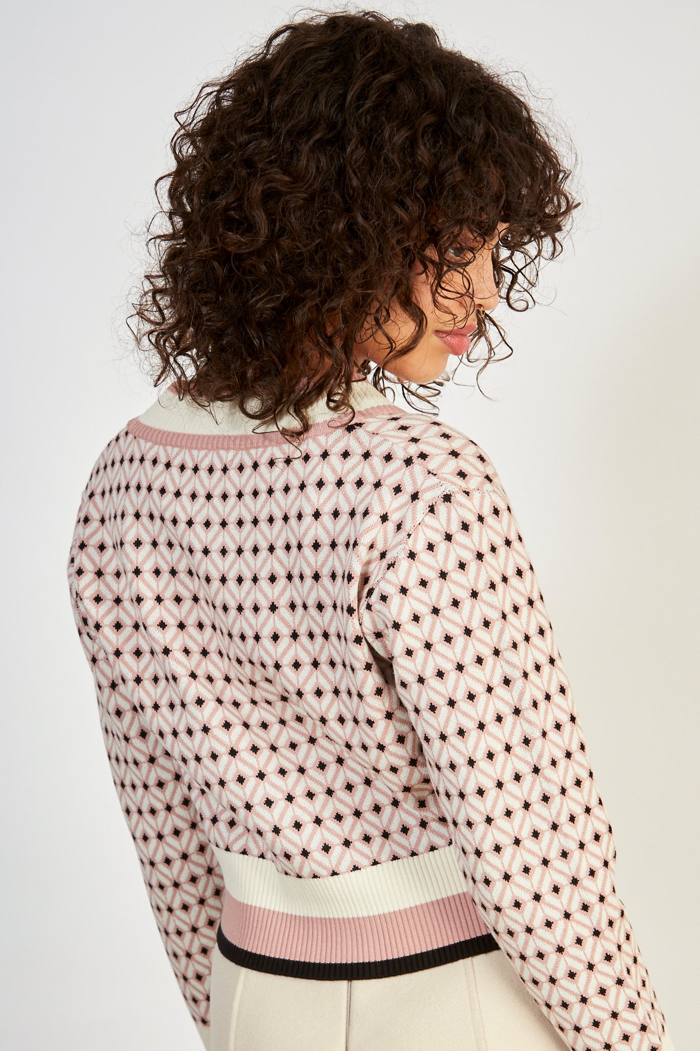 Pink graphic ivory trim cardigan_3