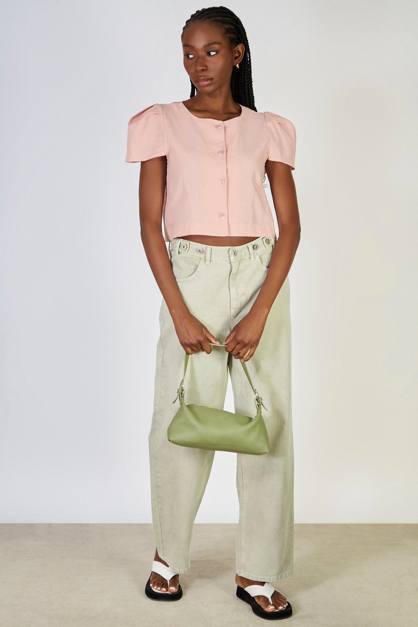 Pink linen blend structured sleeve blouse_4