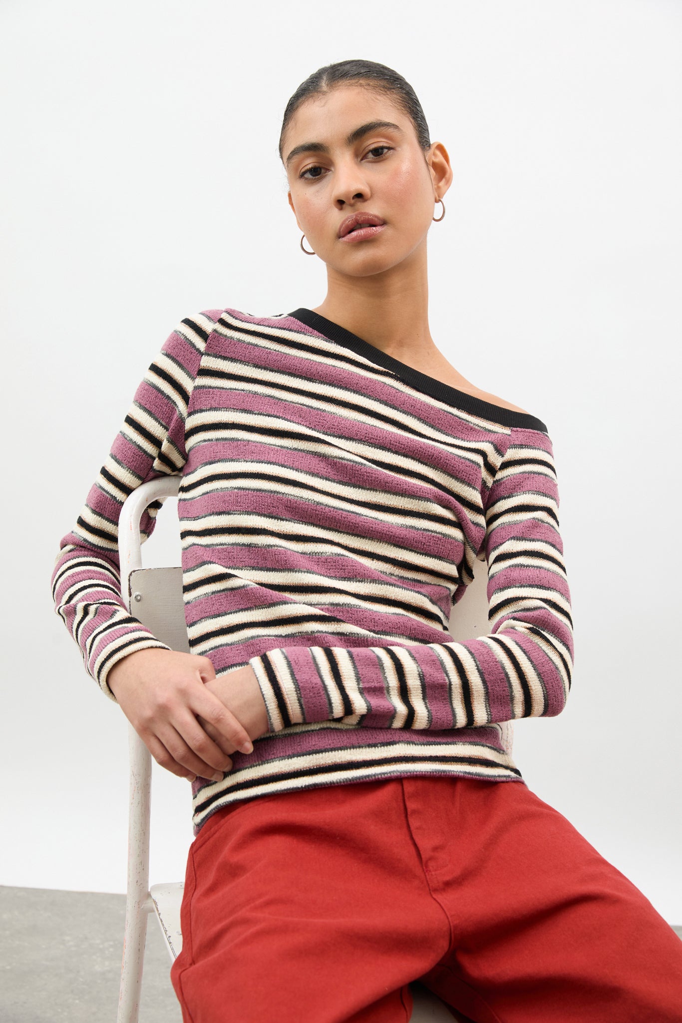 Pink textured stripe one shoulder top_5