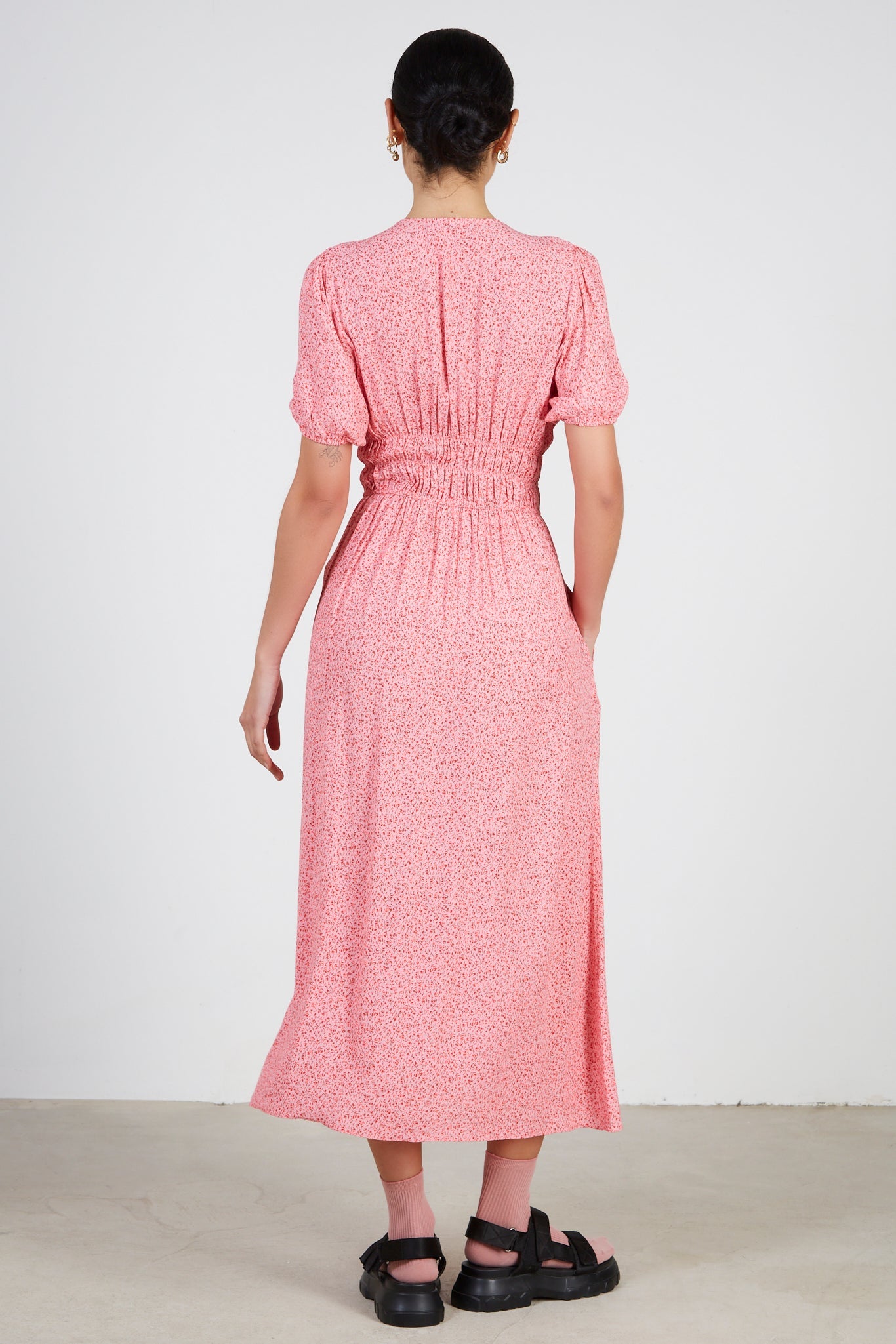 Pink and red floral print smock waist midi dress_2