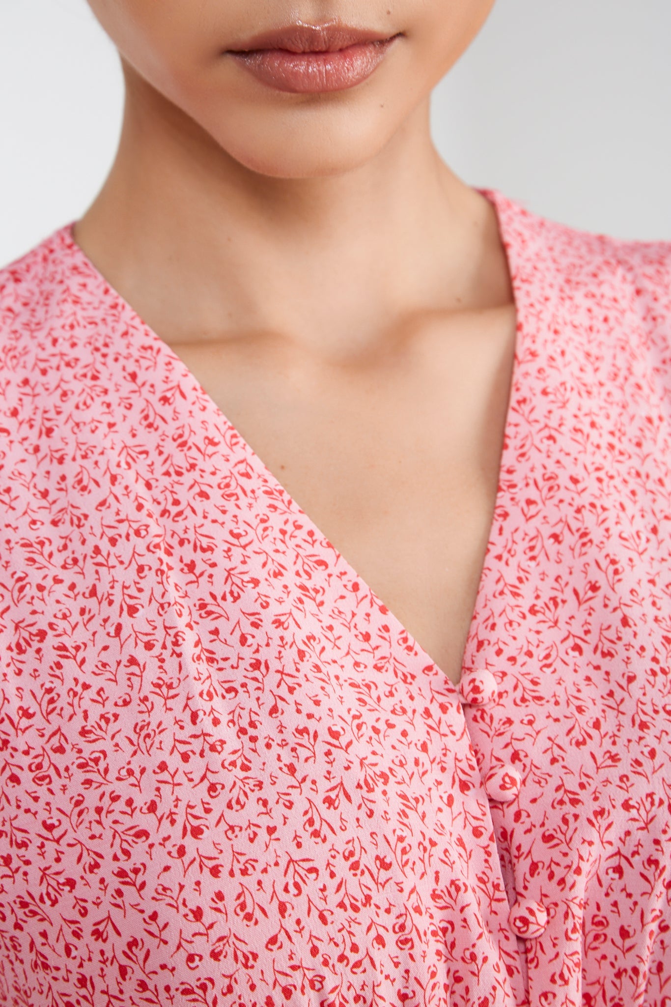 Pink and red floral print smock waist midi dress_4