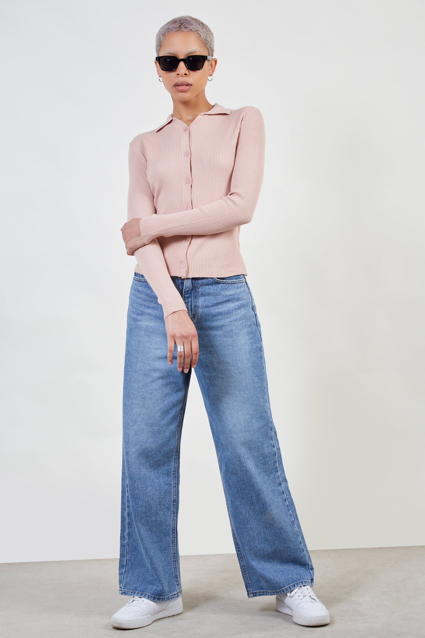 Pale pink button front polo knit top_3
