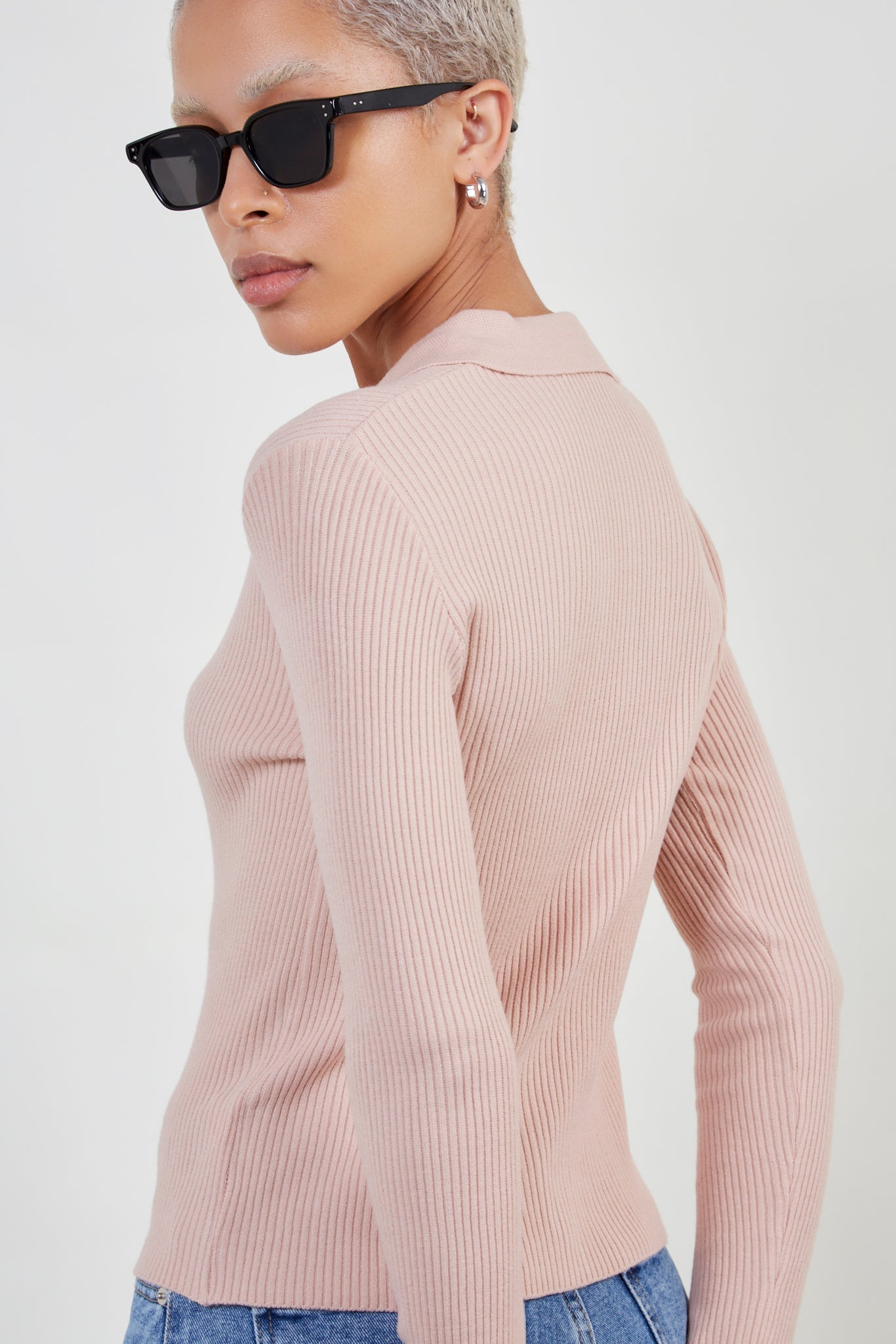 Pale pink button front polo knit top_5