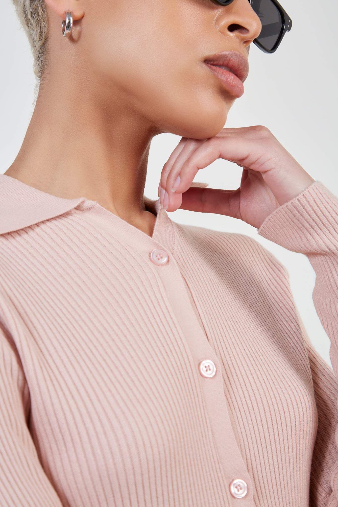 Pale pink button front polo knit top_4