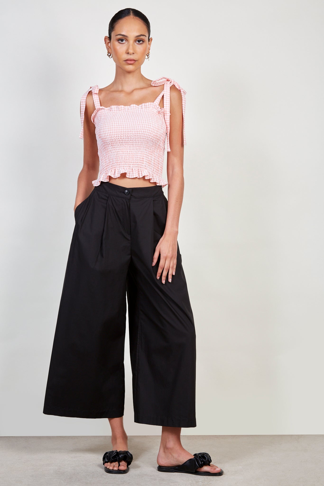 Pink gingham ruched tie strap tank_5