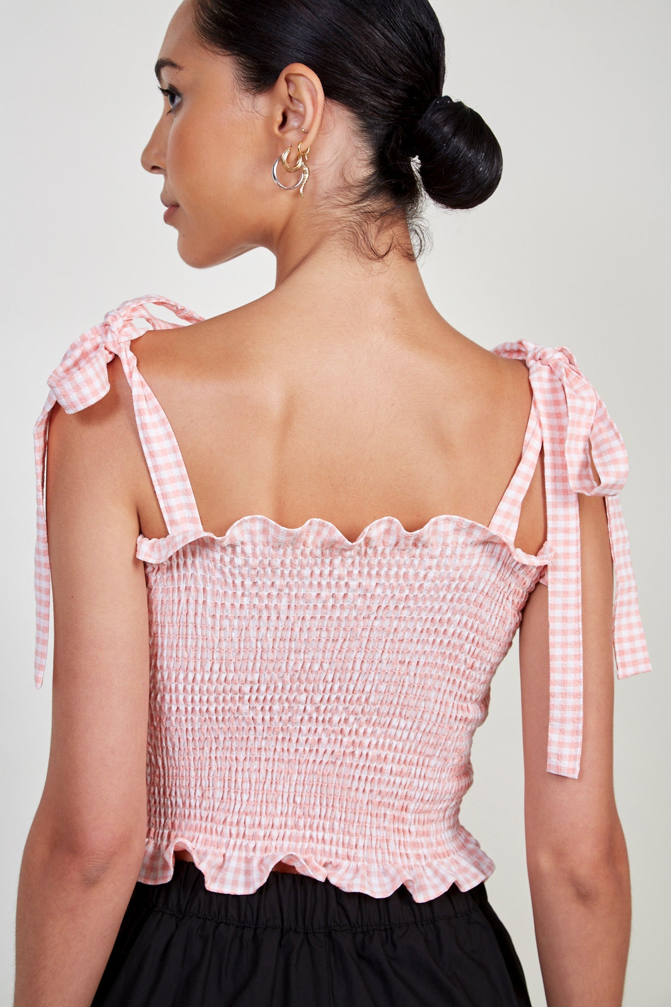 Pink gingham ruched tie strap tank_4