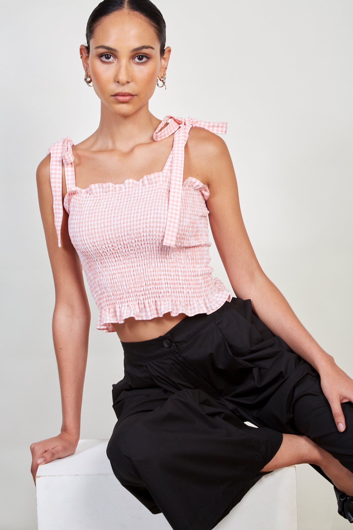 Pink gingham ruched tie strap tank_6