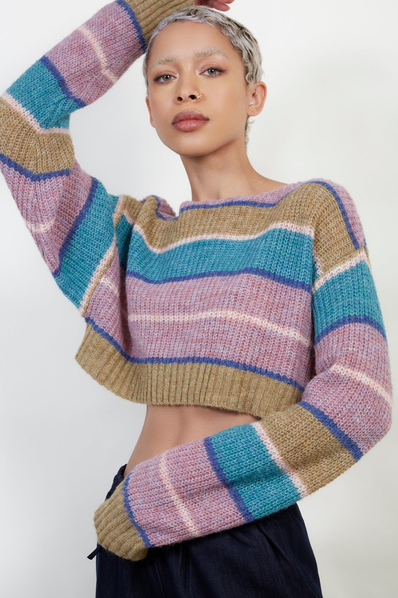 Pink multicolour block striped cropped jumper_1