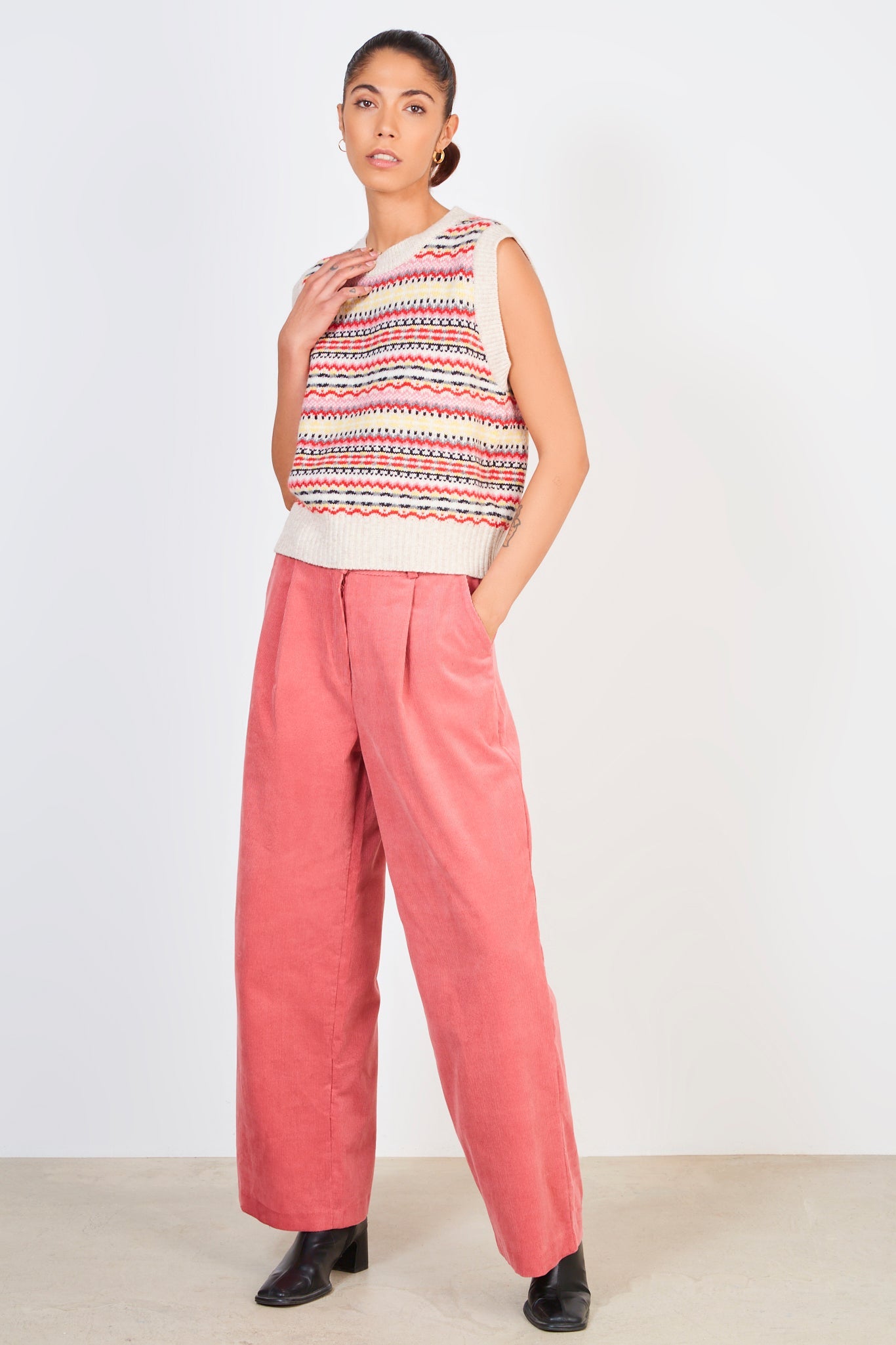 Pink red and yellow wool blend sweater vest_3