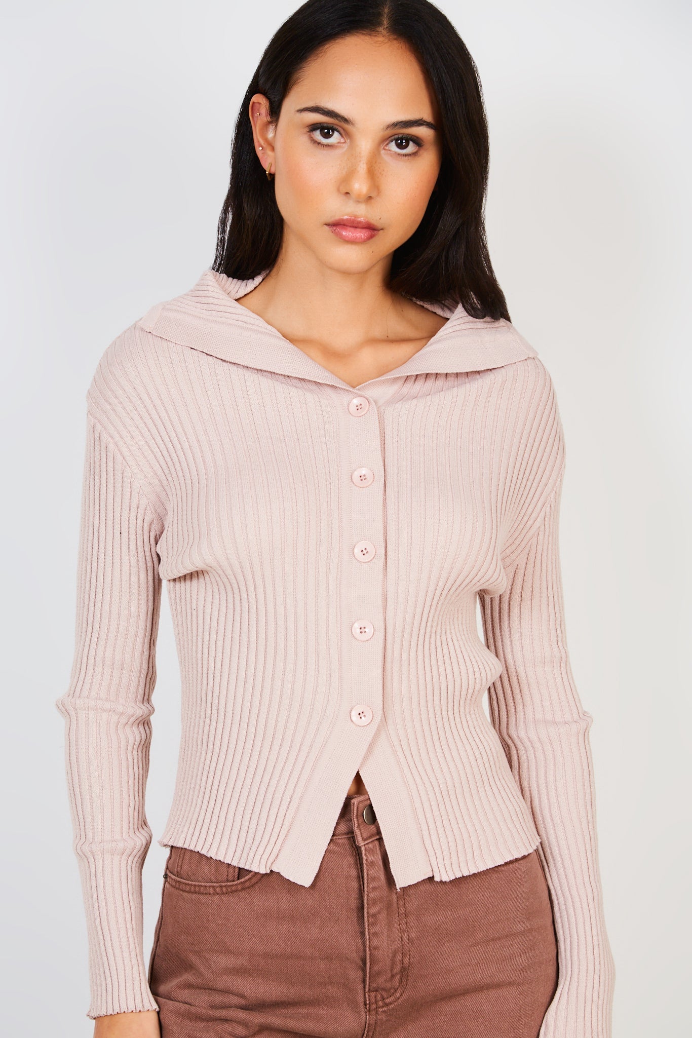 Pink ribbed button front off shoulder jumper_3