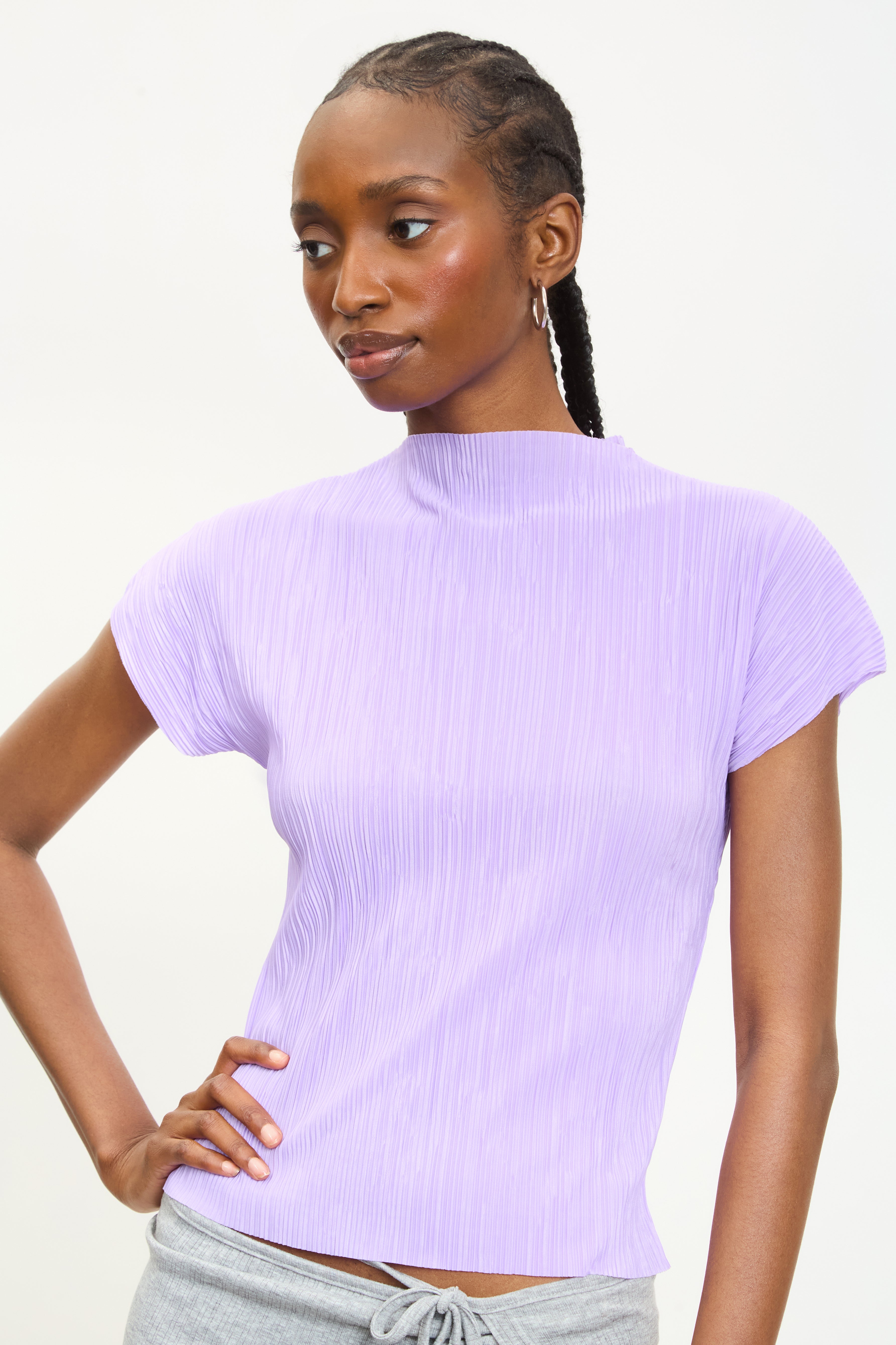 Purple pleat ribbed short sleeved top_1