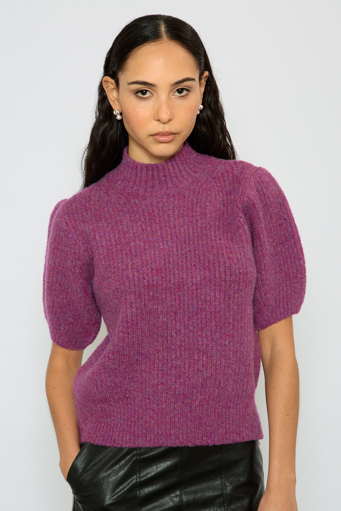 Purple wool blend puff sleeve knit top_1