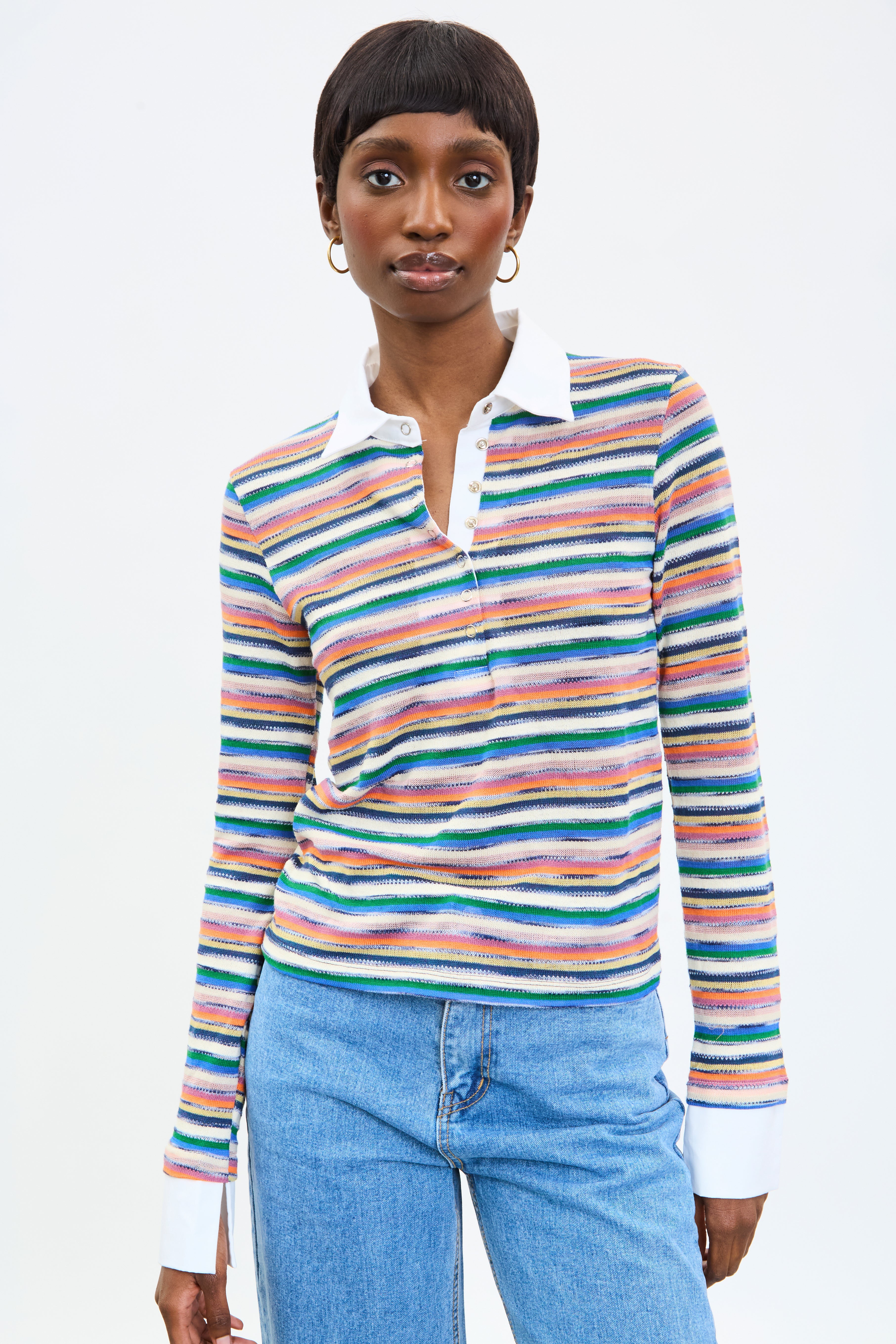 Rainbow striped white collar polo top_1