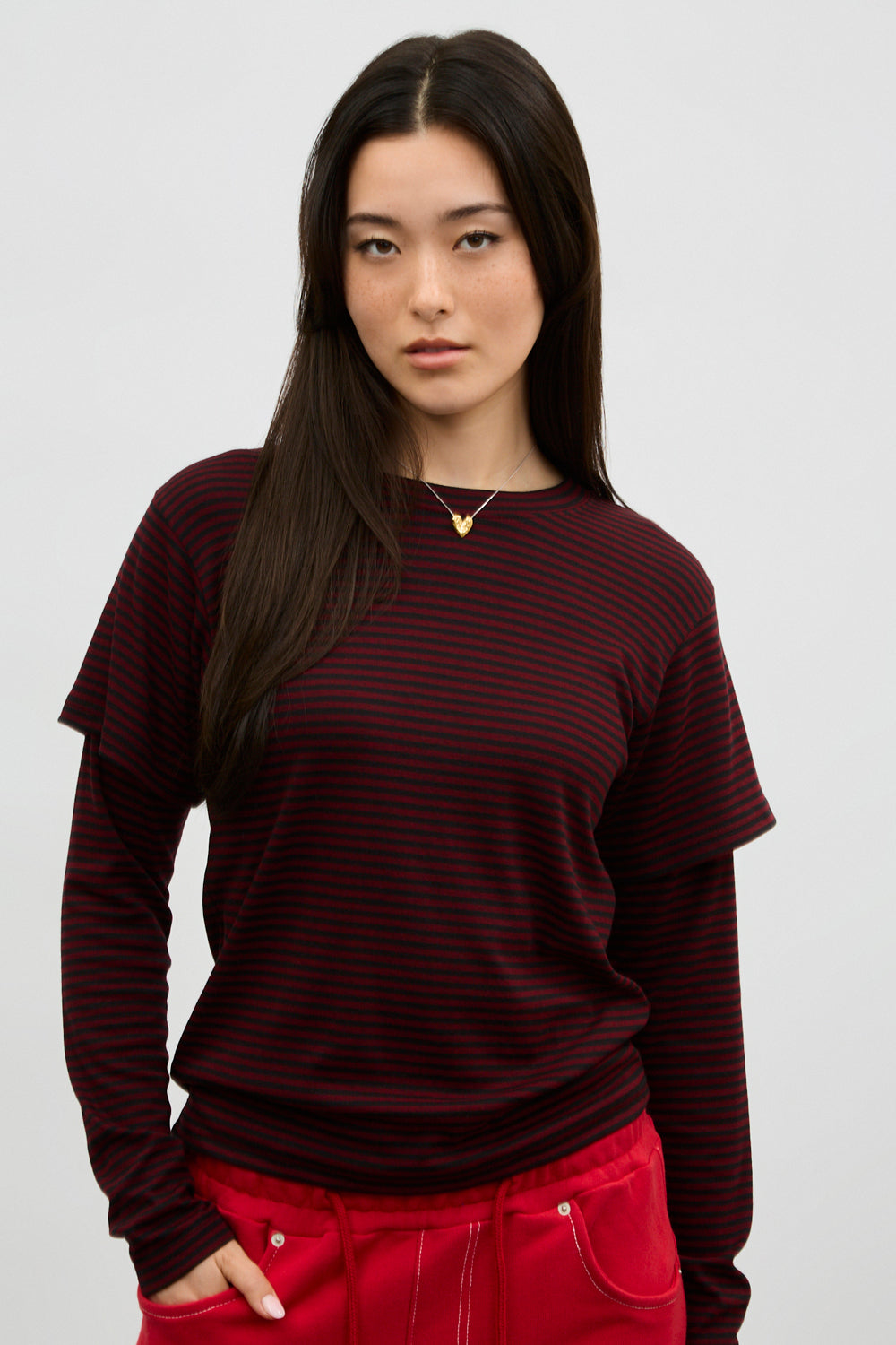 Red and black horizontal striped layered tee_1