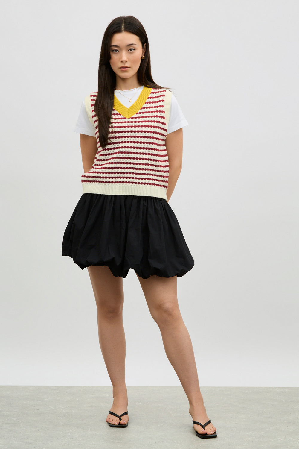 Red and ivory striped yellow collar sweater vest_4
