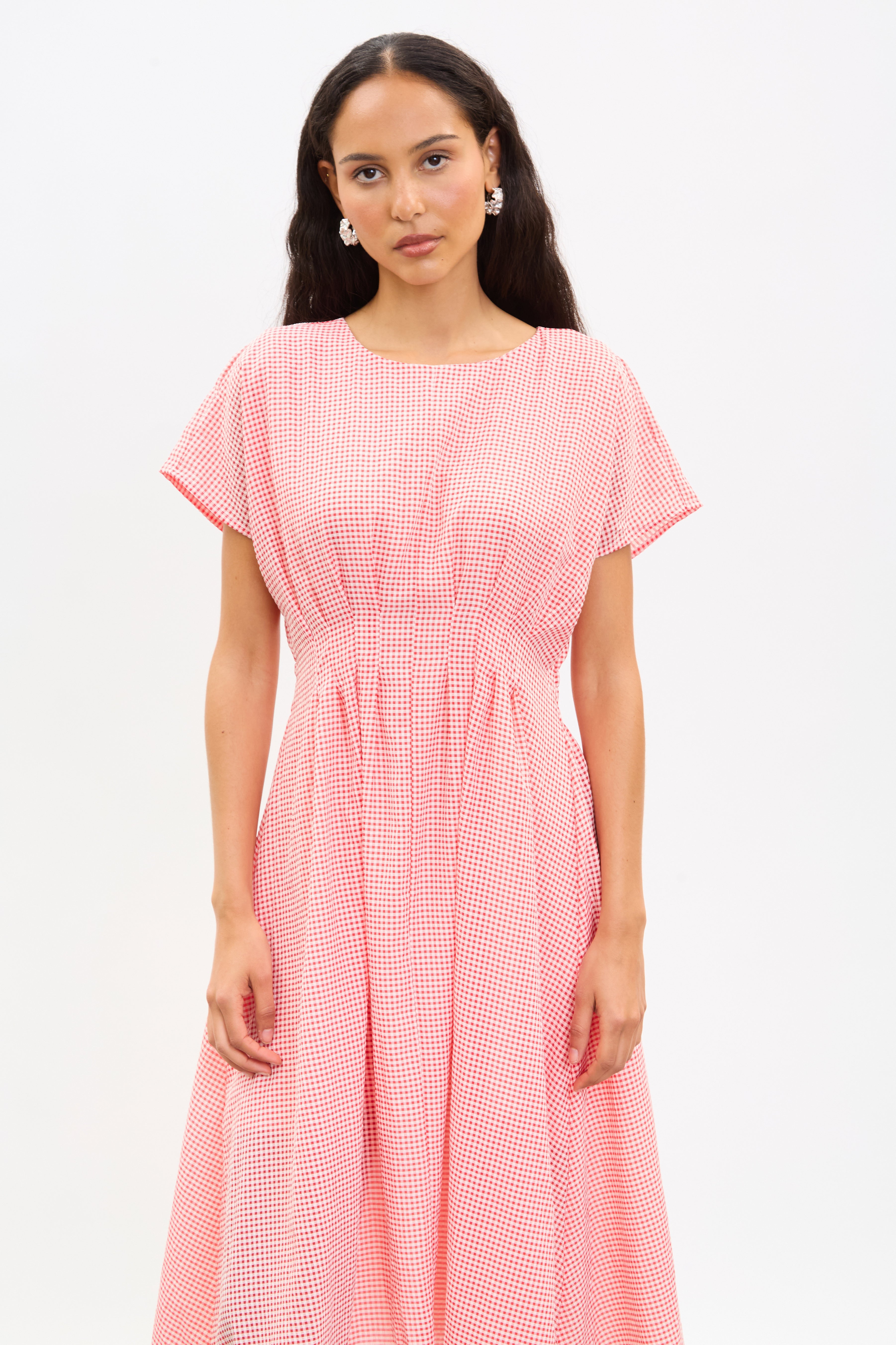 Red and white gingham pleated waist dress_3