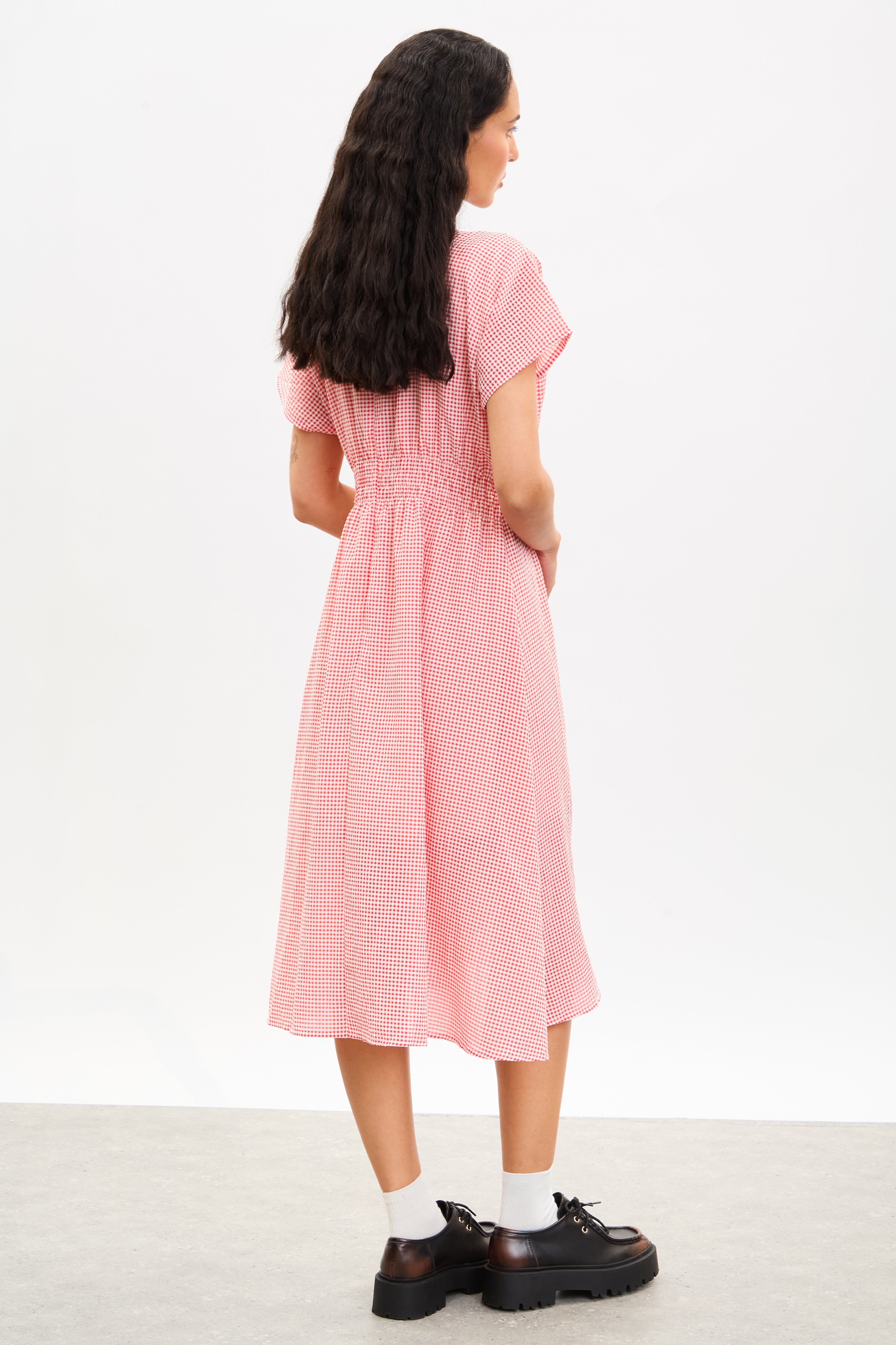 Red and white gingham pleated waist dress_2