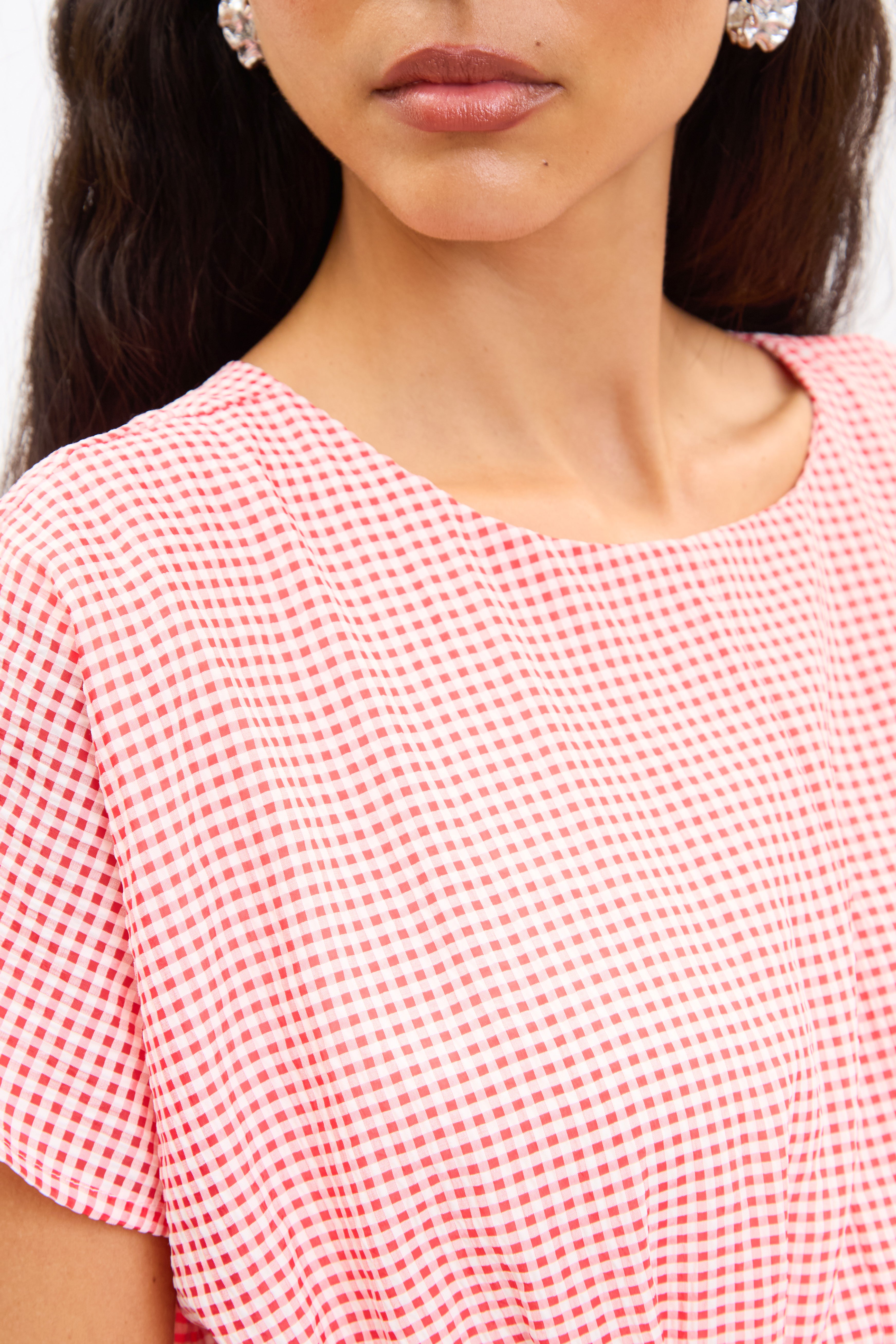 Red and white gingham pleated waist dress_4