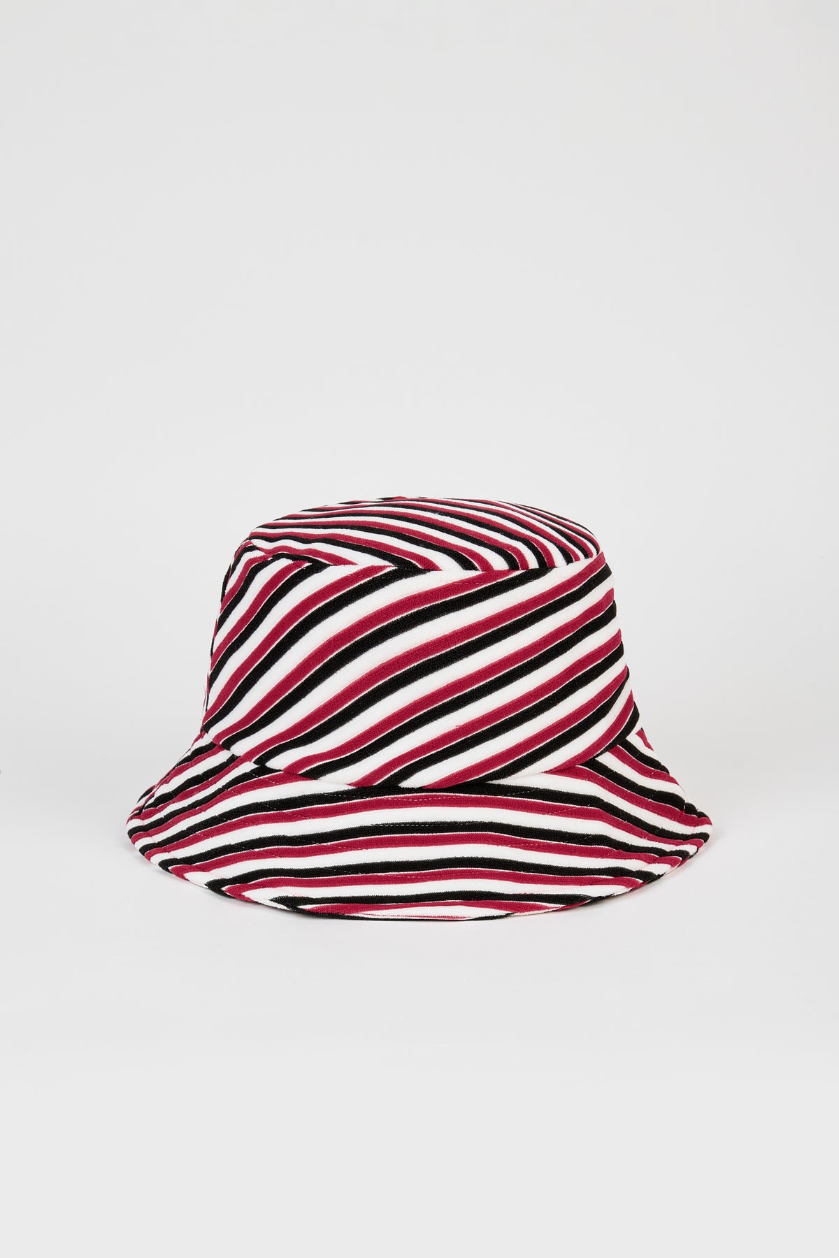 Red and white multistripe terrycloth bucket hat_1