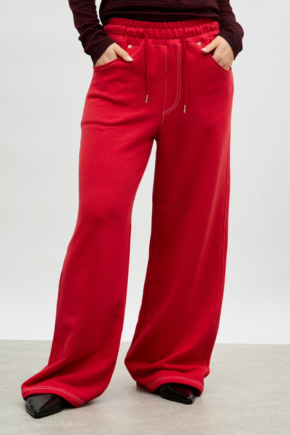 Red contrast stitch wide leg sweat pants_1