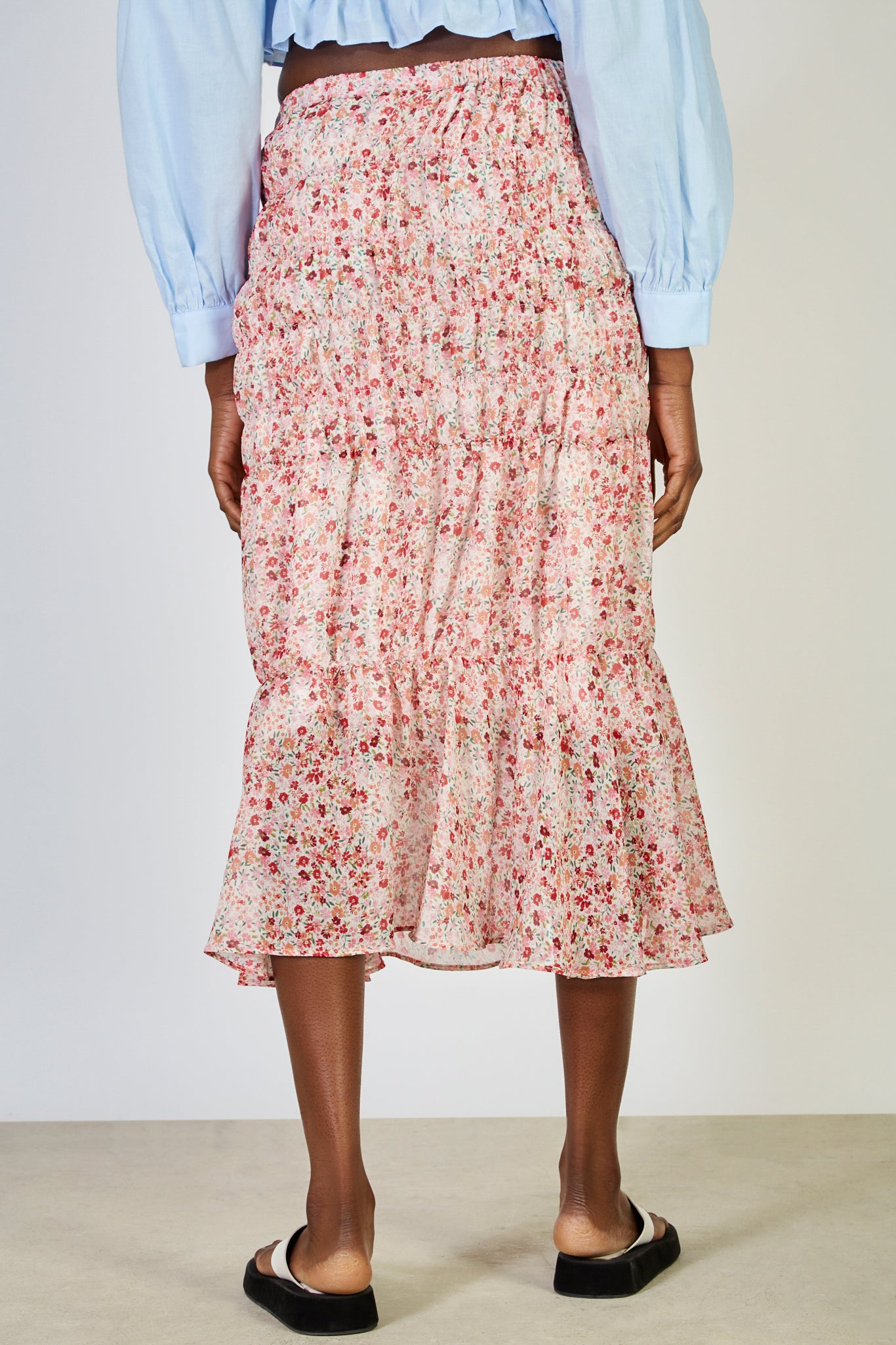 Red floral print ruched maxi skirt_2