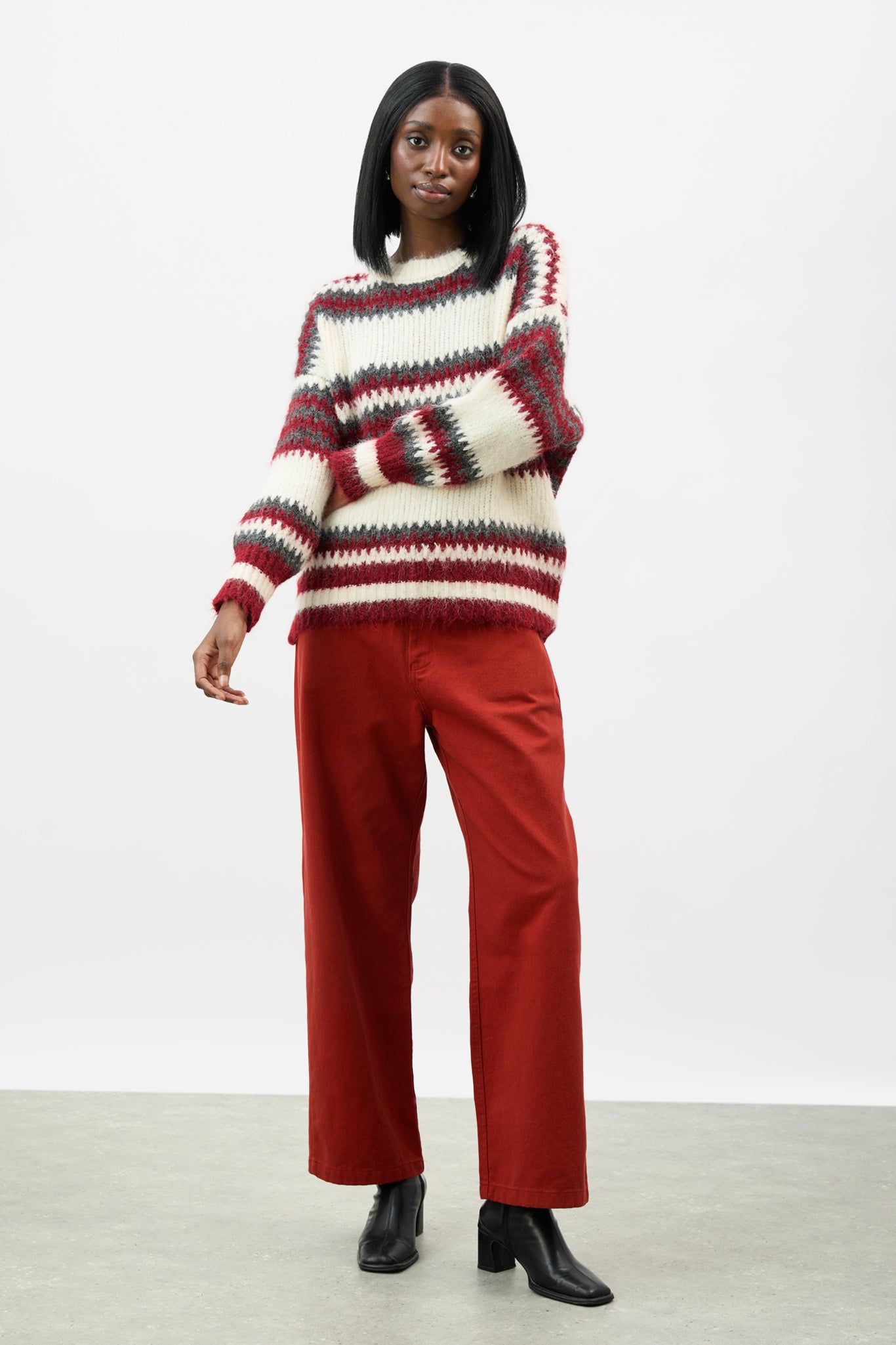 Red ivory and grey wool blend fuzzy striped jumper_4