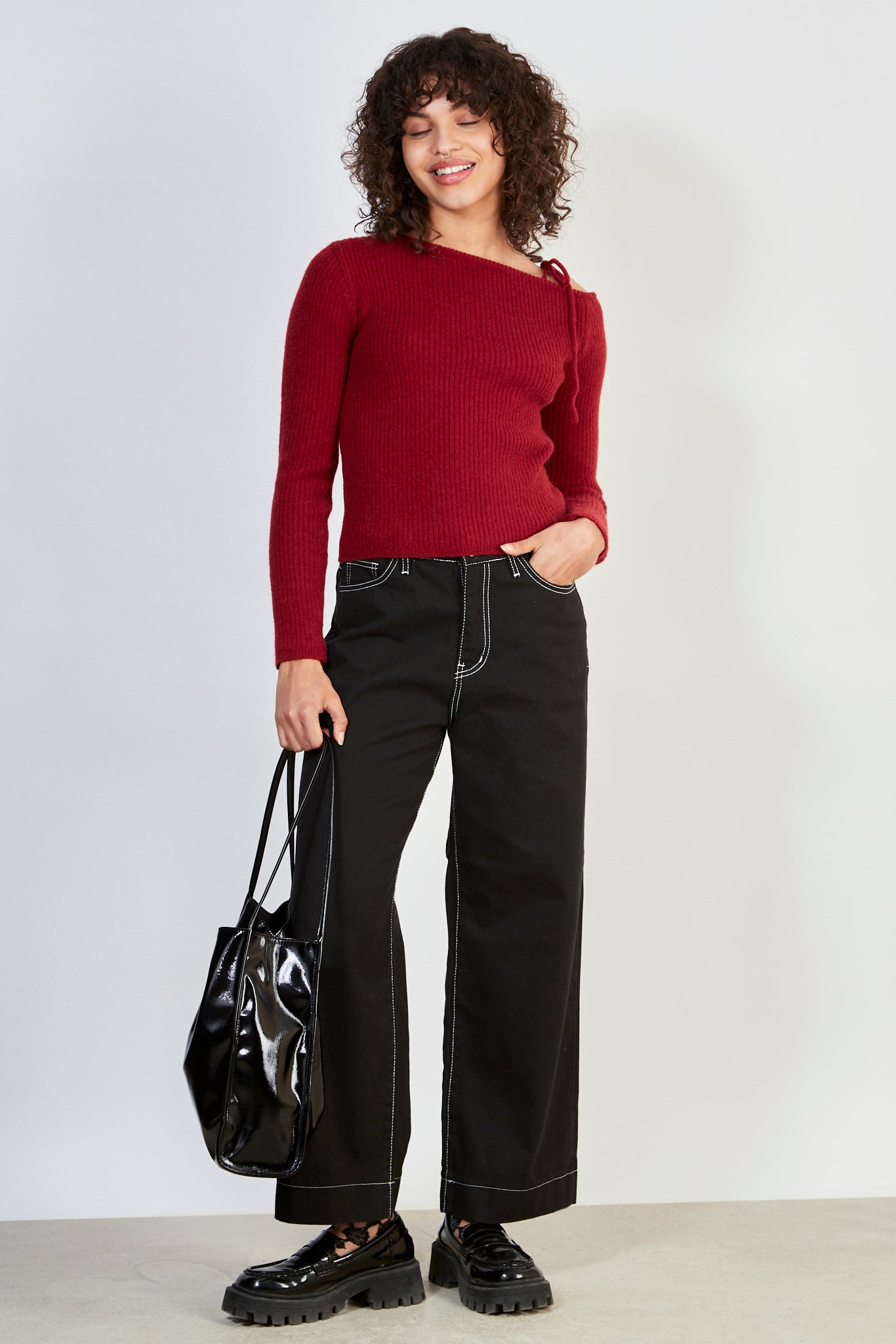 Red one shoulder tie knit top_4