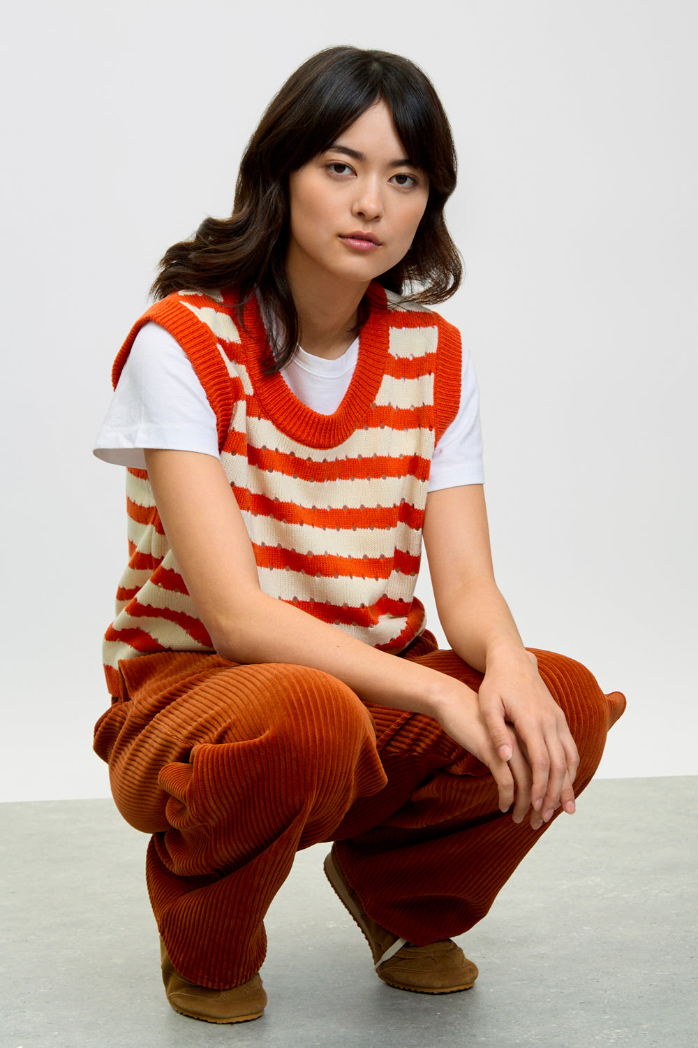 Red orange and white striped sweater vest_5
