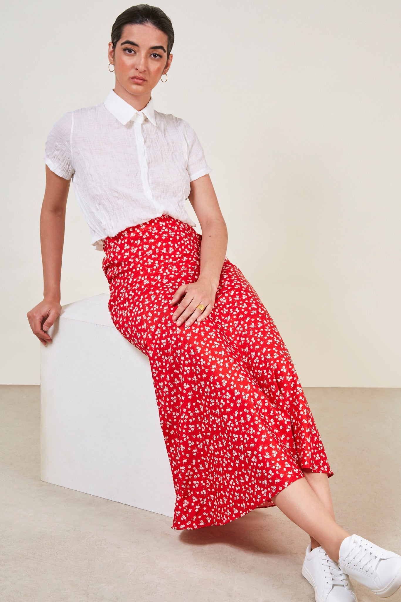 Red floral print maxi skirt_2