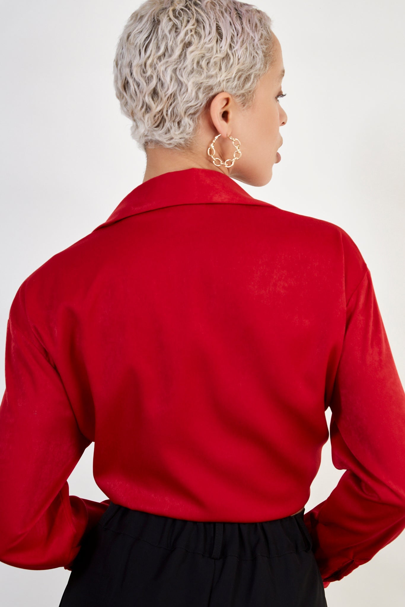 Red silky plunging tie front shirt_4