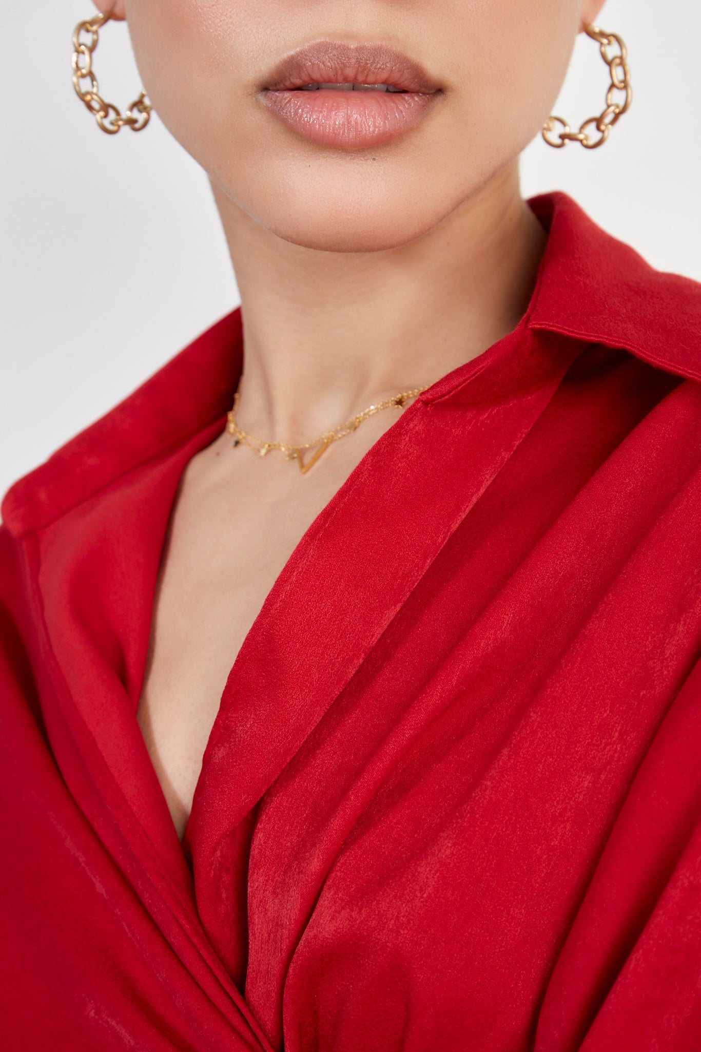 Red silky plunging tie front shirt_6