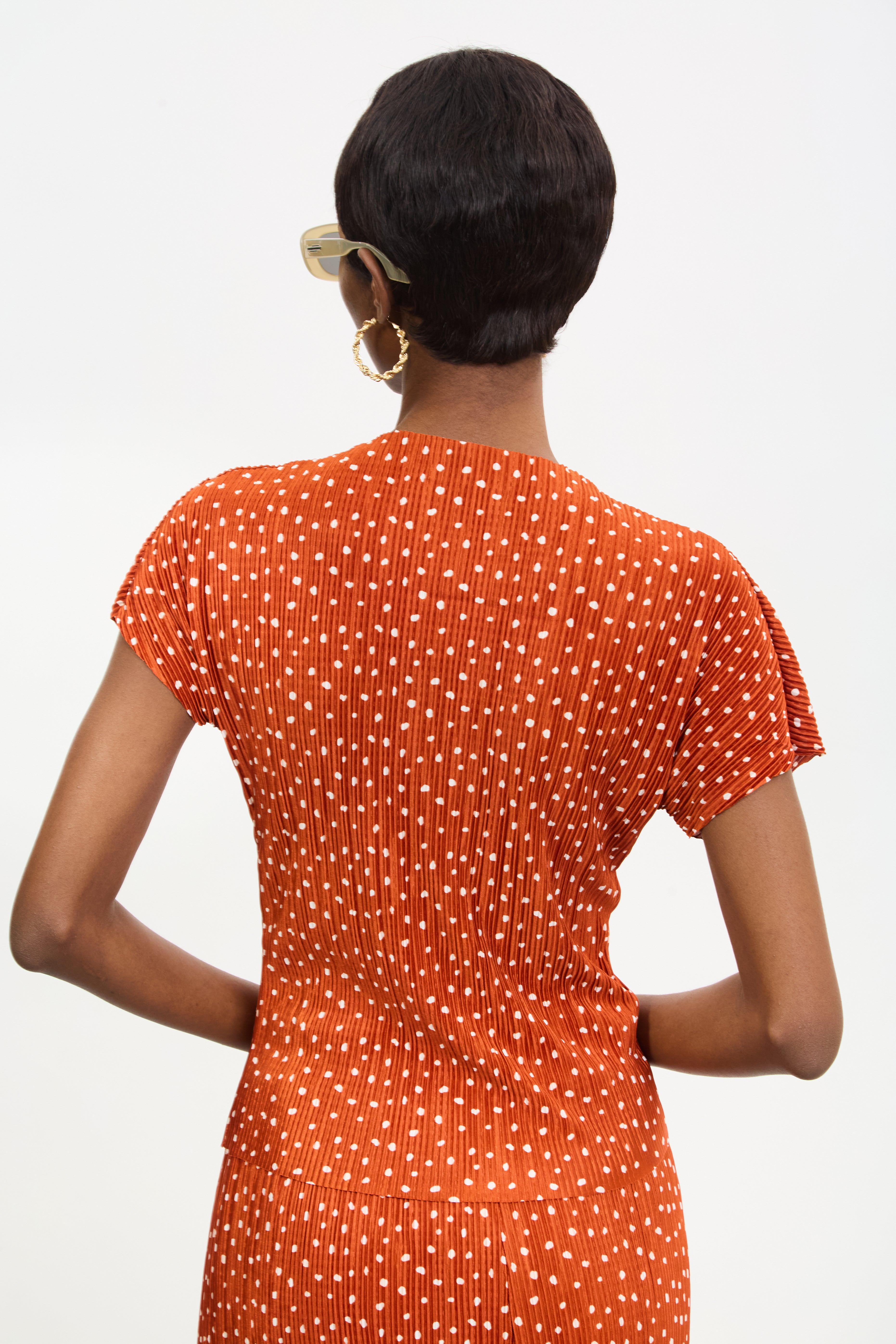 Rust orange and ivory polka dot ribbed short sleeved top_2