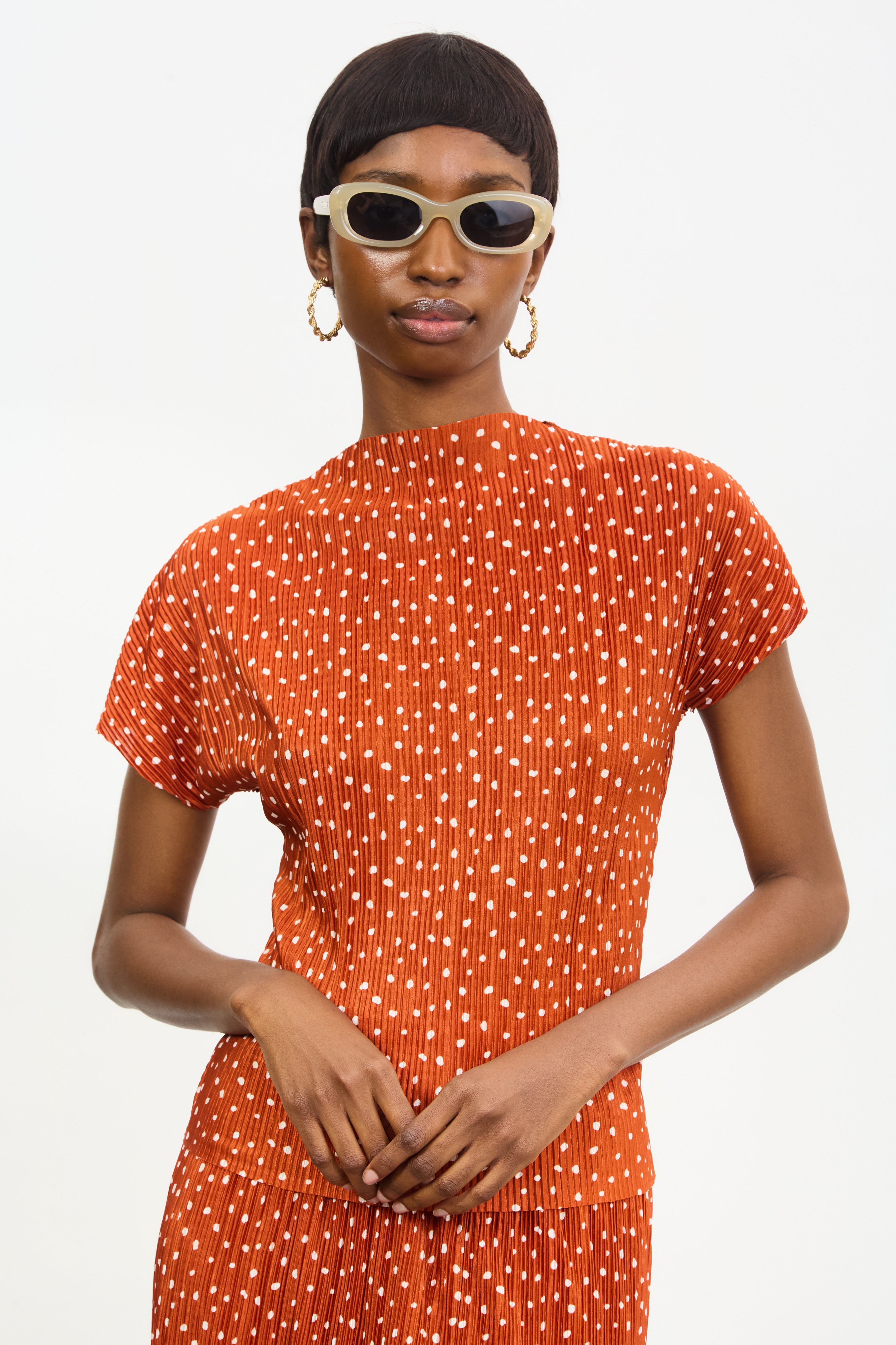 Rust orange and ivory polka dot ribbed short sleeved top_1
