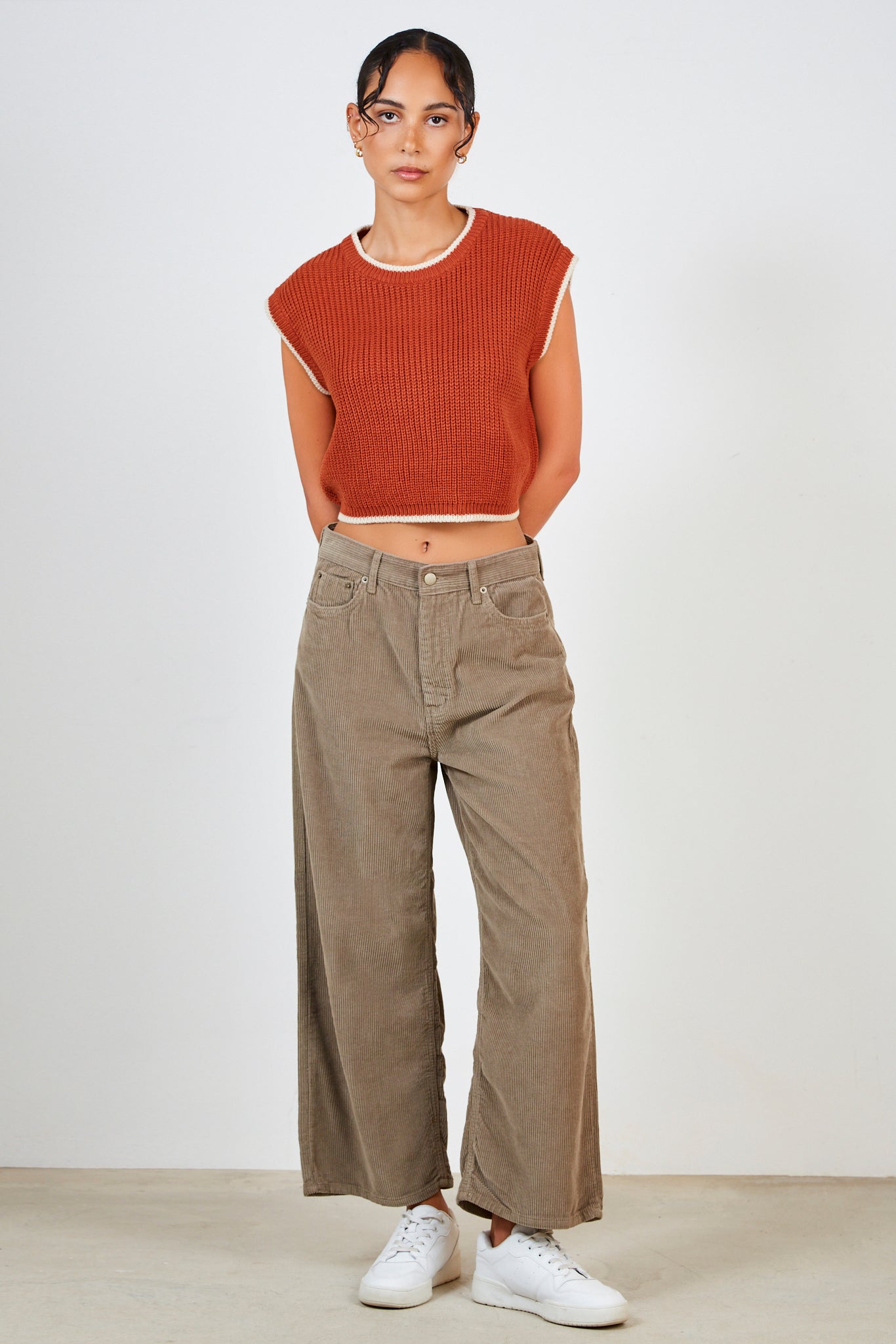 Rust brown and ivory trim open tie back sweater vest_3