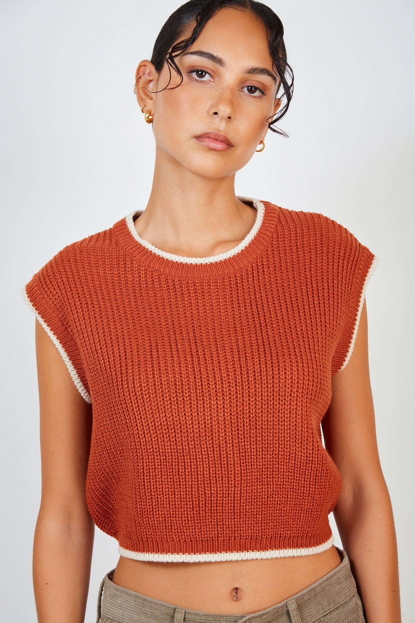 Rust brown and ivory trim open tie back sweater vest_2