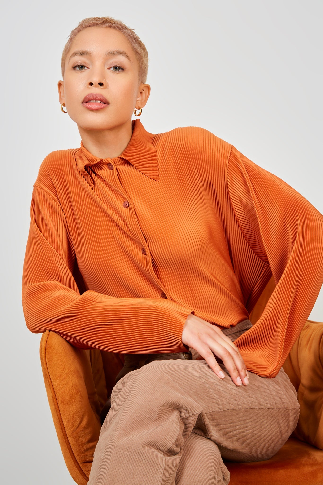Rust orange micro pleated long sleeved shirt_5