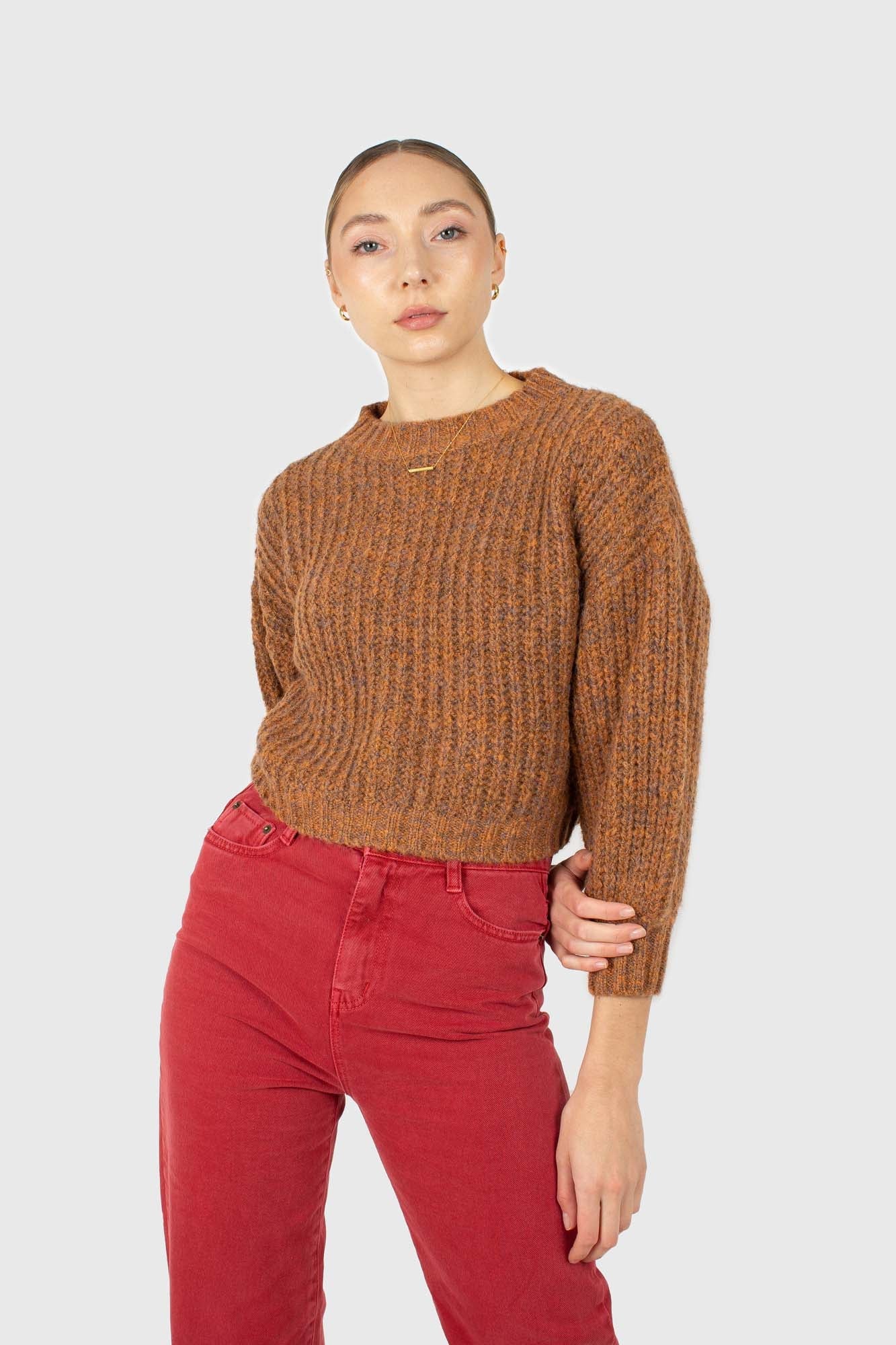 Brown flecked chunky knit cropped jumper_5