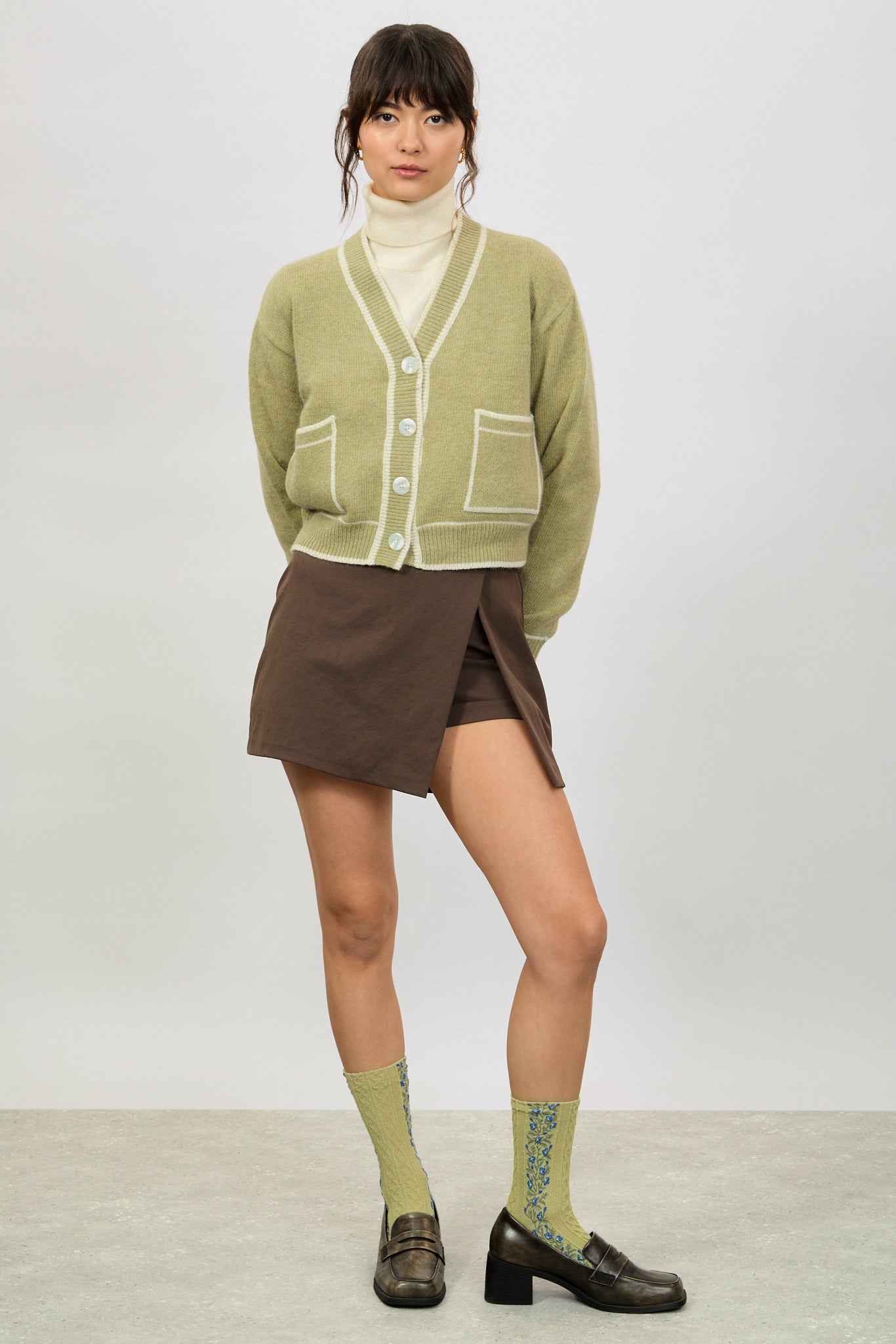 Sage green and ivory wool blend contrast cardigan_5