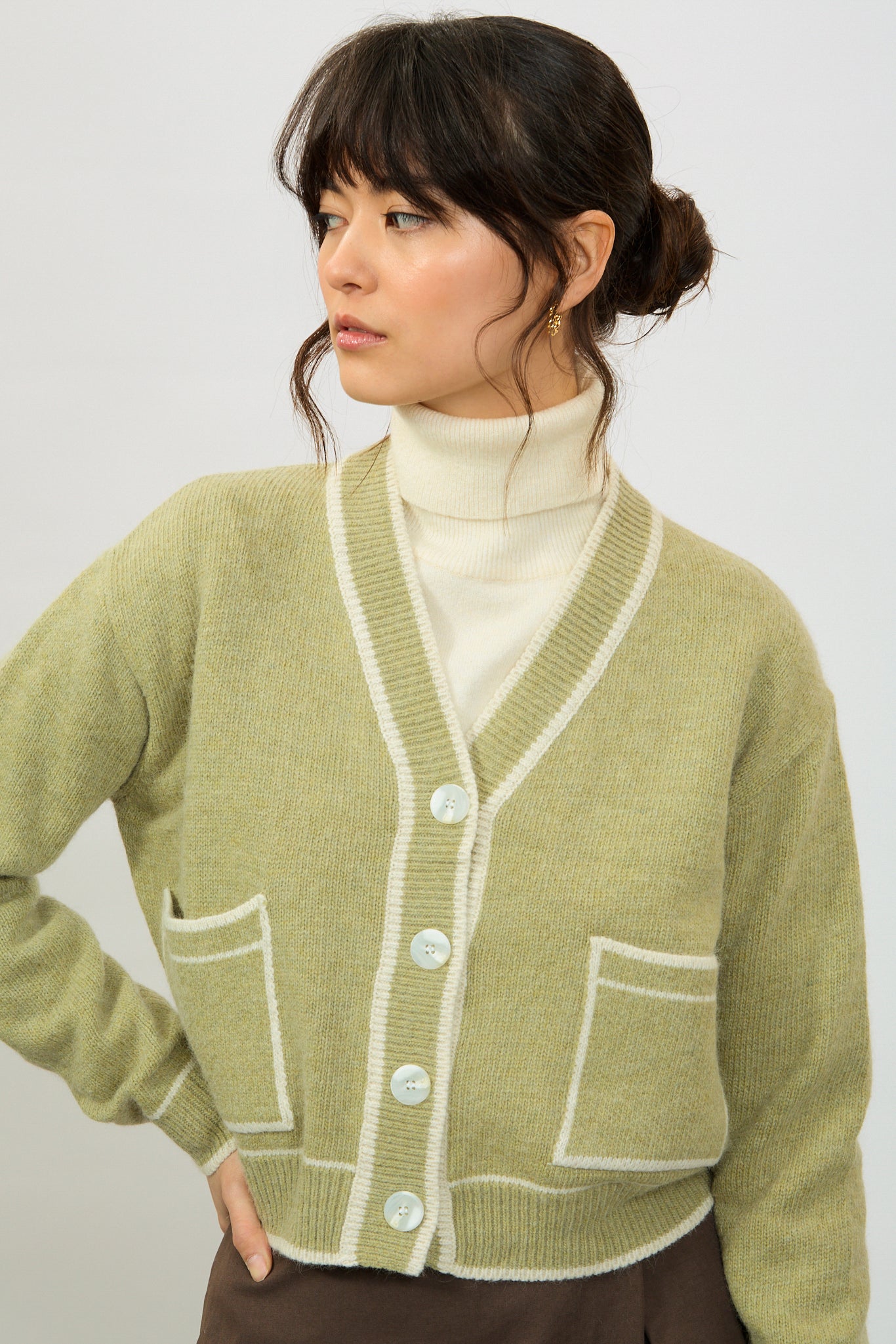 Sage green and ivory wool blend contrast cardigan_2