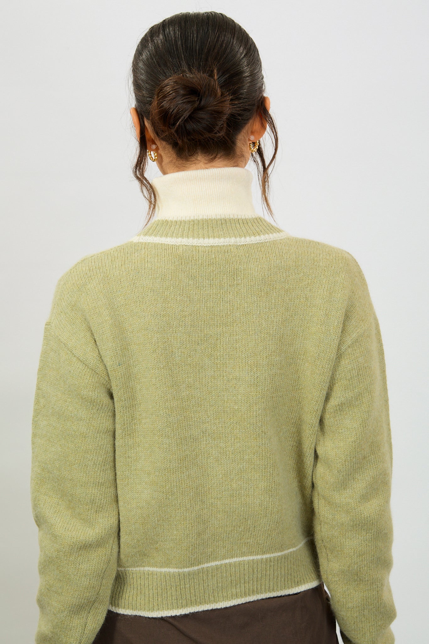 Sage green and ivory wool blend contrast cardigan_3
