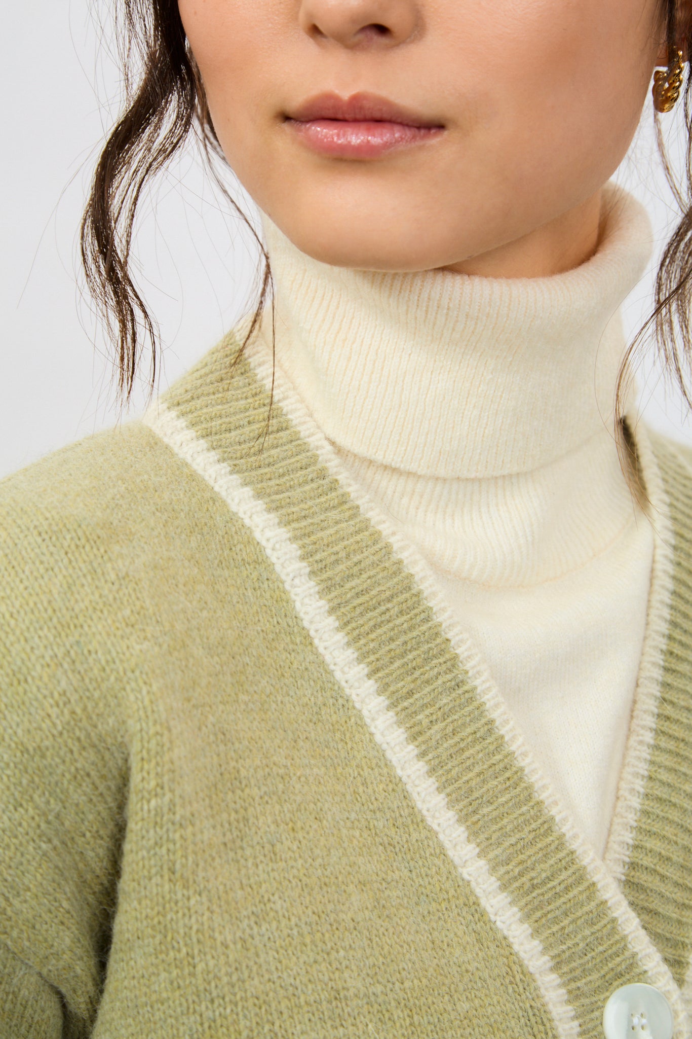 Sage green and ivory wool blend contrast cardigan_4