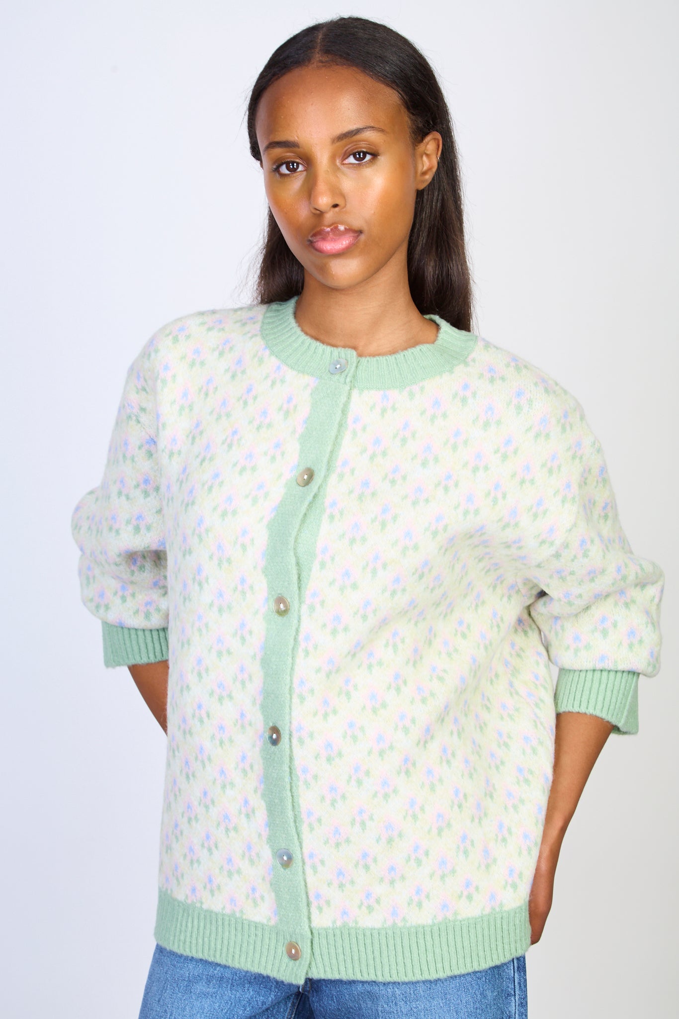 Sage green trim intarsia floral cardigan_1